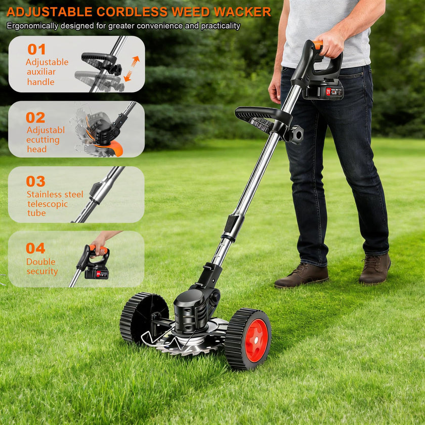 21V Cordless Weed Wacker for Thick Weeds, Lawn & Yard, 3-in-1 String Trimmer/Edger/Brush Cutter with 2 Batteries, 4 Blades & Wheels, 90° Pivot Head, Adjustable Height, Lightweight Easy for Homeowners 🍁 All In One Marketplace Canada