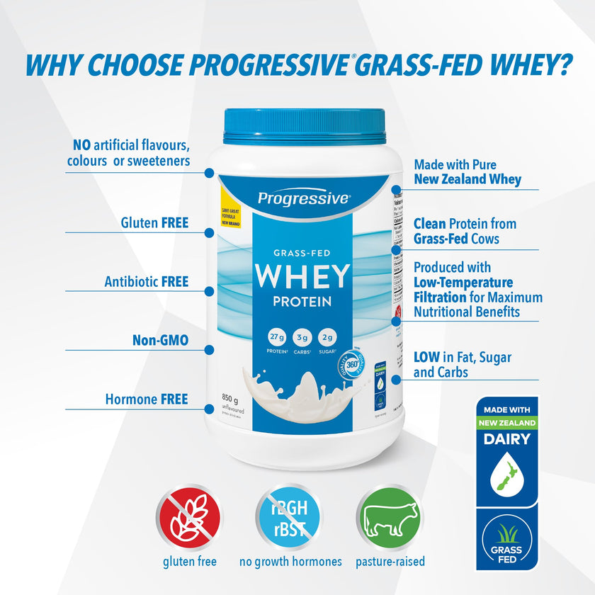 Progressive Grass-Fed 100% Whey Protein Powder Unflavoured, 27g of New Zealand Whey Concentrate per Scoop for Muscle Gain, Pasture-Raised, Non-GMO, Canadian-Made Antibiotic-free, Hormone-free, 850 g 🍁 All In One Marketplace Canada