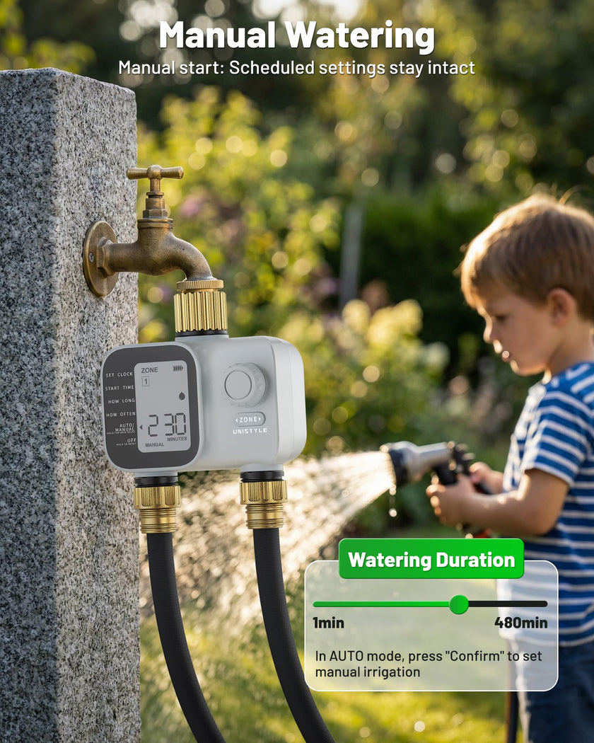 2027 New Upgrade Sprinkler Timer 2 Zone with Brass Inlet, Unistyle Water Timer for Garden Hose with Rain Delay and Manual Water/Automatic Irrigation, Hose Timers for Yard and Lawn Patio 🍁 All In One Marketplace Canada
