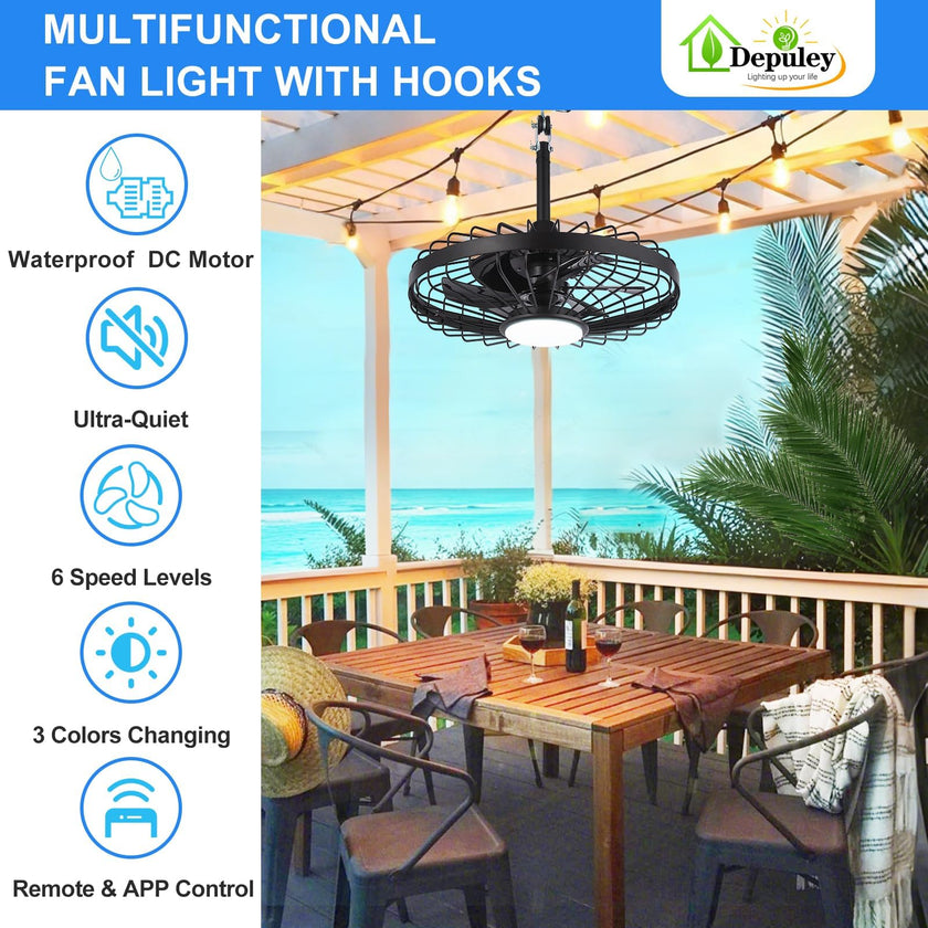 Depuley Outdoor Ceiling Fan with Light: 20 Inch Waterproof Gazebo Fans with Lights Outdoor Hanging - Plug in Remote App Control Caged Fans for Patios Pergola Porch Canopy - 6 Speed Black 🍁 All In One Marketplace Canada