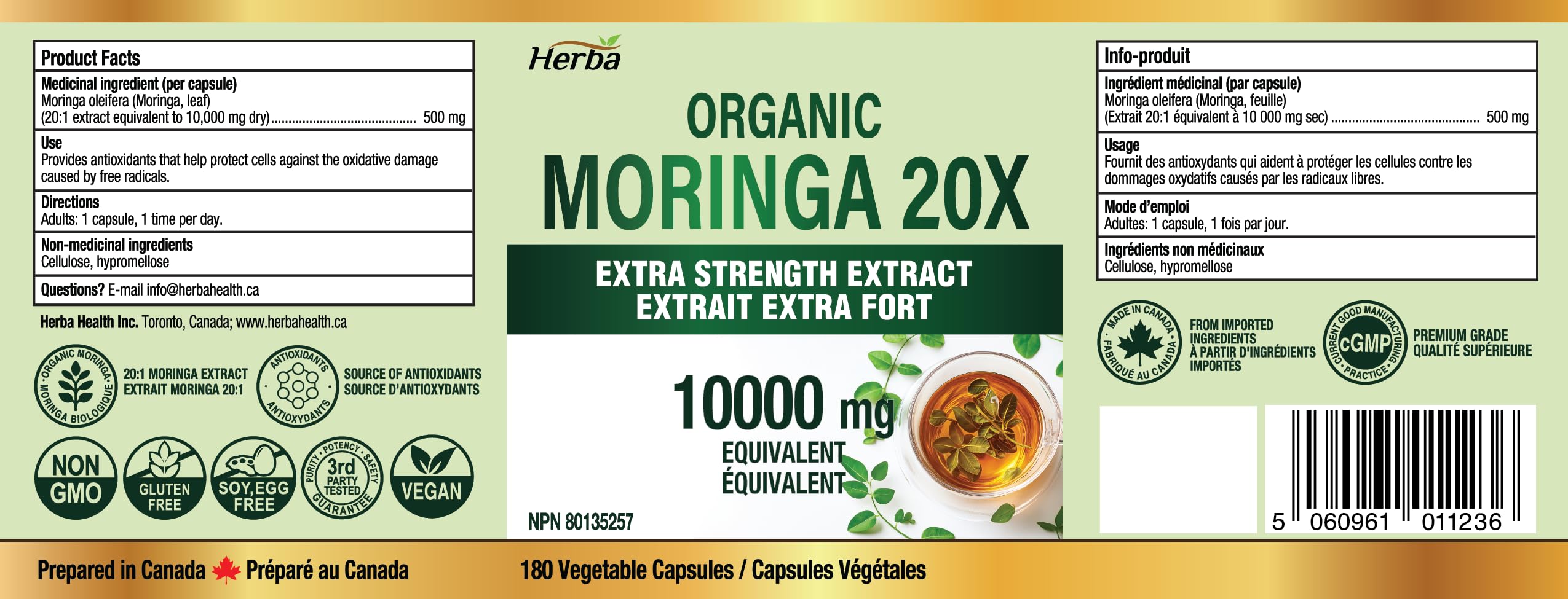 Herba 10,000MG Organic Moringa Capsules – 180 Count | Ultra Potent - 20:1 Extract | Made in Canada | Pure Moringa Capsules using Organic Moringa Powder 🍁 All In One Marketplace Canada