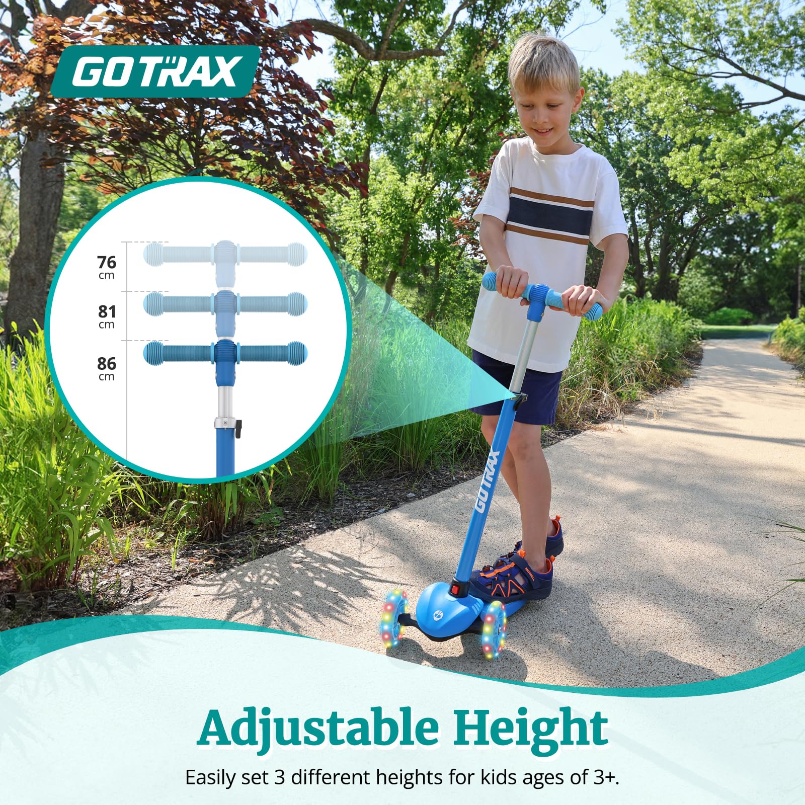 Gotrax KS1 Kids Kick Scooter, LED Lighted Wheels and 3 Adjustable Height Handlebars, Lean-to-Steer & Widen Anti-Slip Deck, 3 Wheel Scooter for Boys & Girls Ages 3+ and up to 50 Kg (Blue) 🍁 All In One Marketplace Canada