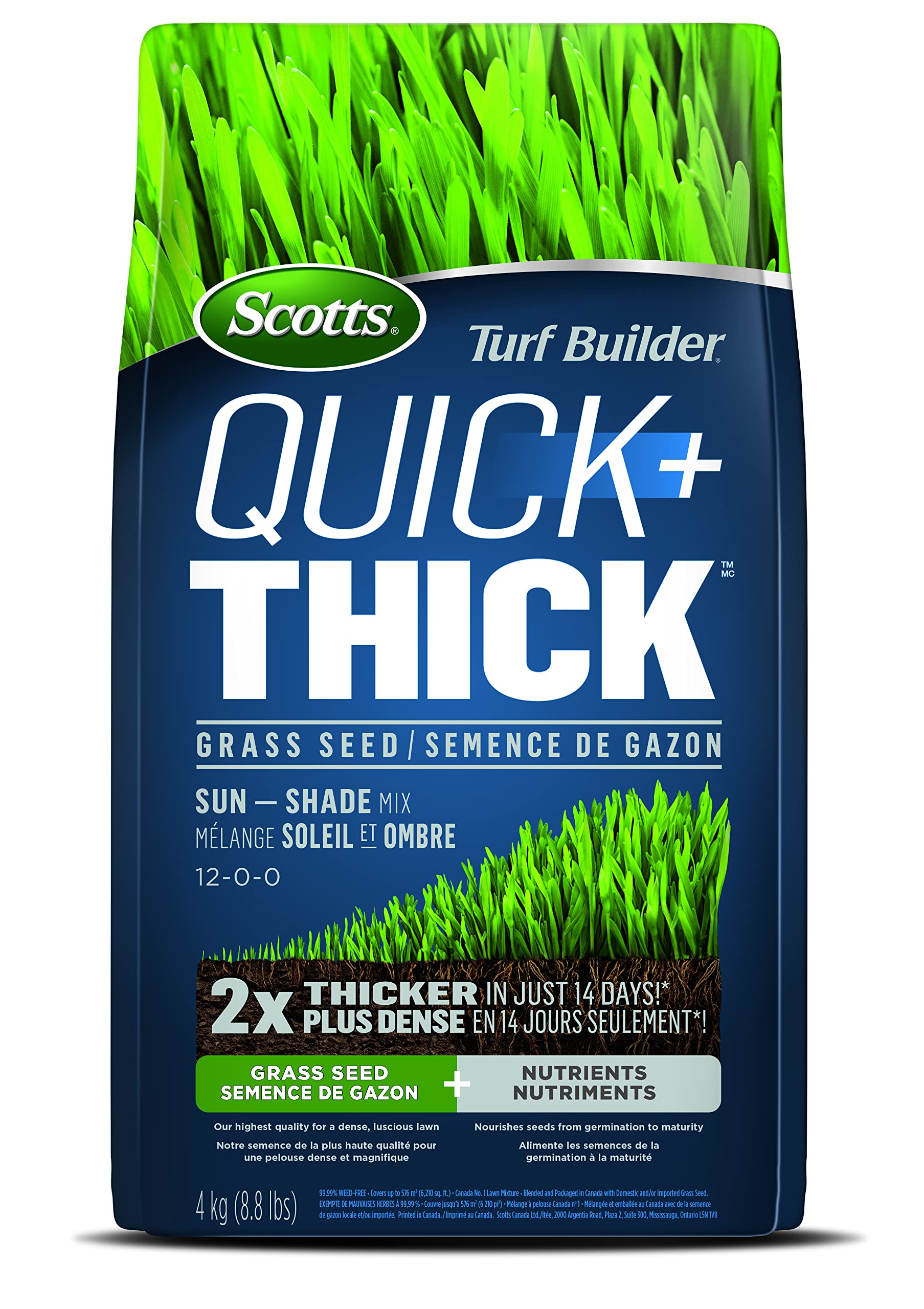 Scotts Turf Builder Quick + Thick Grass Seed (Sun and Shade Mix) - 4 kg |(576 sq Meters / 6,210 sq feet Coverage) Grow a Thick, Green Lawn Fast. for Areas that Experience Sun & Shade 🍁 All In One Marketplace Canada