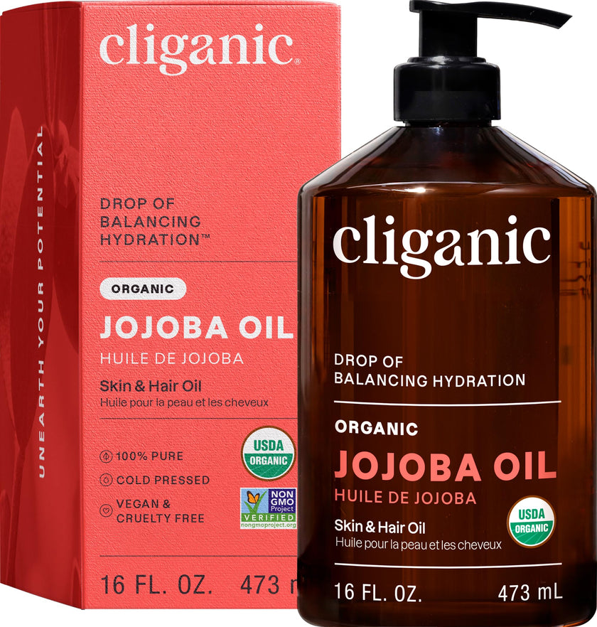 Cliganic Organic Jojoba Oil 473ml, 100% Pure | Bulk, Natural Cold Pressed Unrefined Hexane Free for Hair & Face | Base Carrier Oil 🍁 All In One Marketplace Canada