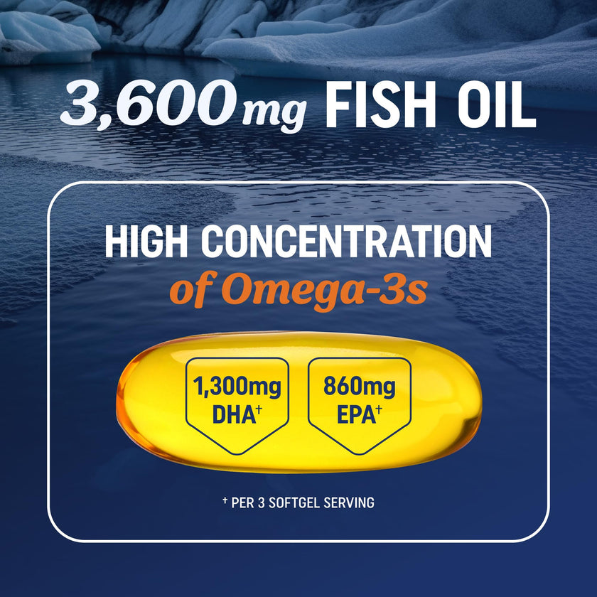 Triple Strength Omega 3 Fish Oil | 120 Softgels | 3600 mg Fish Oil | Over 2100mg of Omega-3 Fatty Acids | Heart and Cognitive Support | 1300mg EPA + 860mg DHA | Wild Caught & Burpless | 120 Ct 🍁 All In One Marketplace Canada