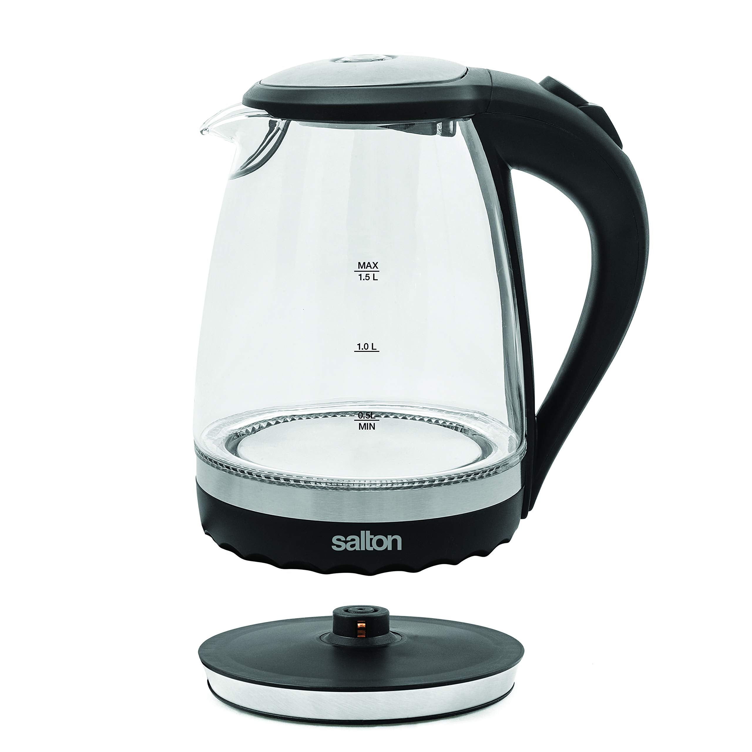 Salton Cordless Electric Glass Kettle - Compact 1.5L/Quart Water Boiler and Tea Heater with Automatic Shut-Off and Boil-Dry Protection, Soft Blue Illumination, Stainless Steel, 1100 Watts 🍁 All In One Marketplace Canada