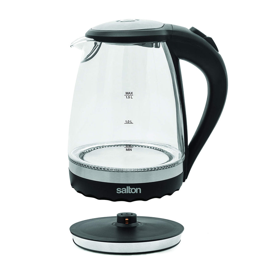 Salton Cordless Electric Glass Kettle - Compact 1.5L/Quart Water Boiler and Tea Heater with Automatic Shut-Off and Boil-Dry Protection, Soft Blue Illumination, Stainless Steel, 1100 Watts 🍁 All In One Marketplace Canada