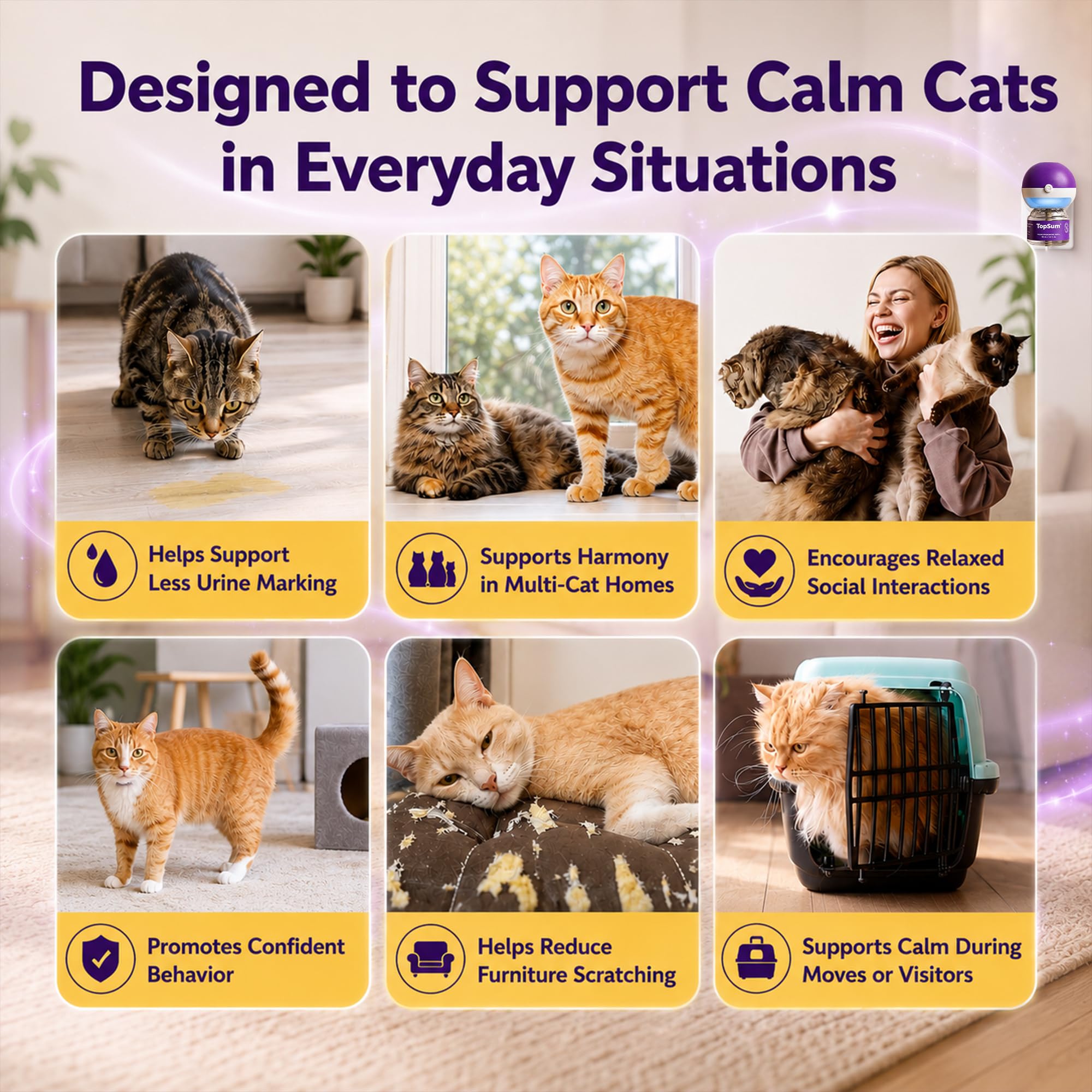 TopSum Cat Pheromone Diffuser: Cat Calming Diffuser for Spraying, Scratching, Excessive Meowing & Multi-Cat Homes, Ideal for Cats Alone at Home - VHP Registered NN.Z4H1 (3 Diffusers+3 Refills) 🍁 All In One Marketplace Canada