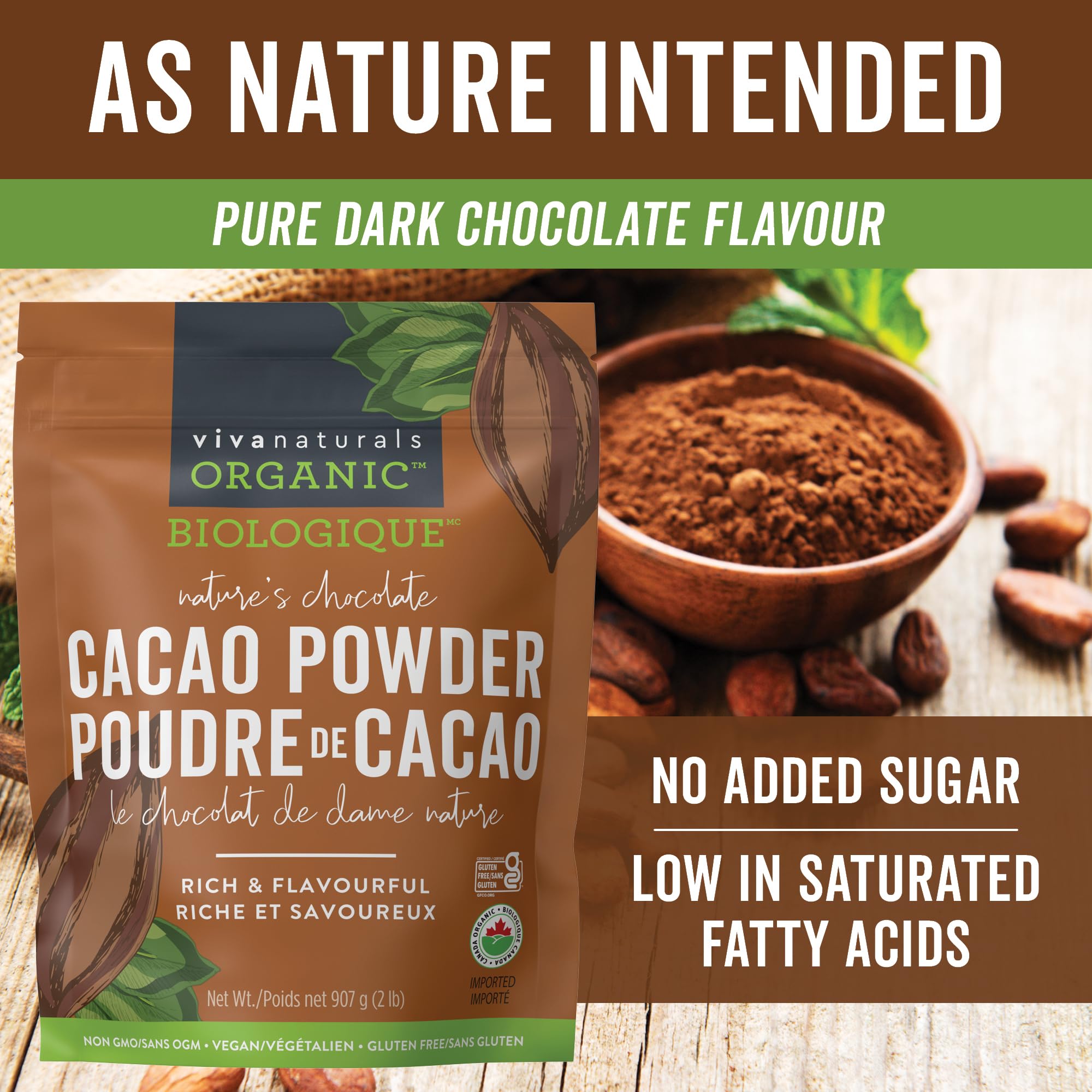 Viva Naturals Organic Cacao Powder, 2lb - Unsweetened Cocoa Powder With Rich Dark Chocolate Flavour, Perfect for Baking & Smoothies - Certified Vegan, Keto & Paleo, Gluten-Free & Non-GMO, 907 g 🍁 All In One Marketplace Canada
