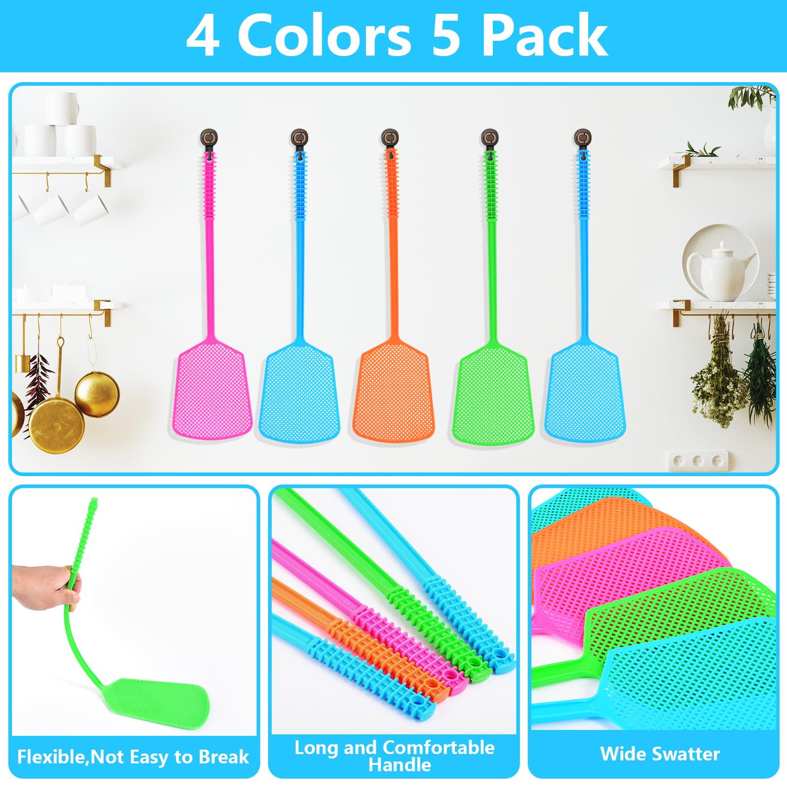 Fly Swatter,5 Pack Plastic Heavy Duty Manual Fly Killer, Long Handle Flyswatter, Large Bug Swatters That Work for Indoor and Outdoor 🍁 All In One Marketplace Canada
