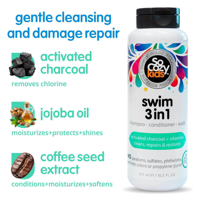 SoCozy Kids Swim 3-in-1 Shampoo, Conditioner & Body Wash - 3-in-1 Combo Pool Shampoo & Conditioner for Swimmers - Salt & Chlorine Removing Activated Charcoal for Toddler & Kids Hair After Swimming 🍁 All In One Marketplace Canada