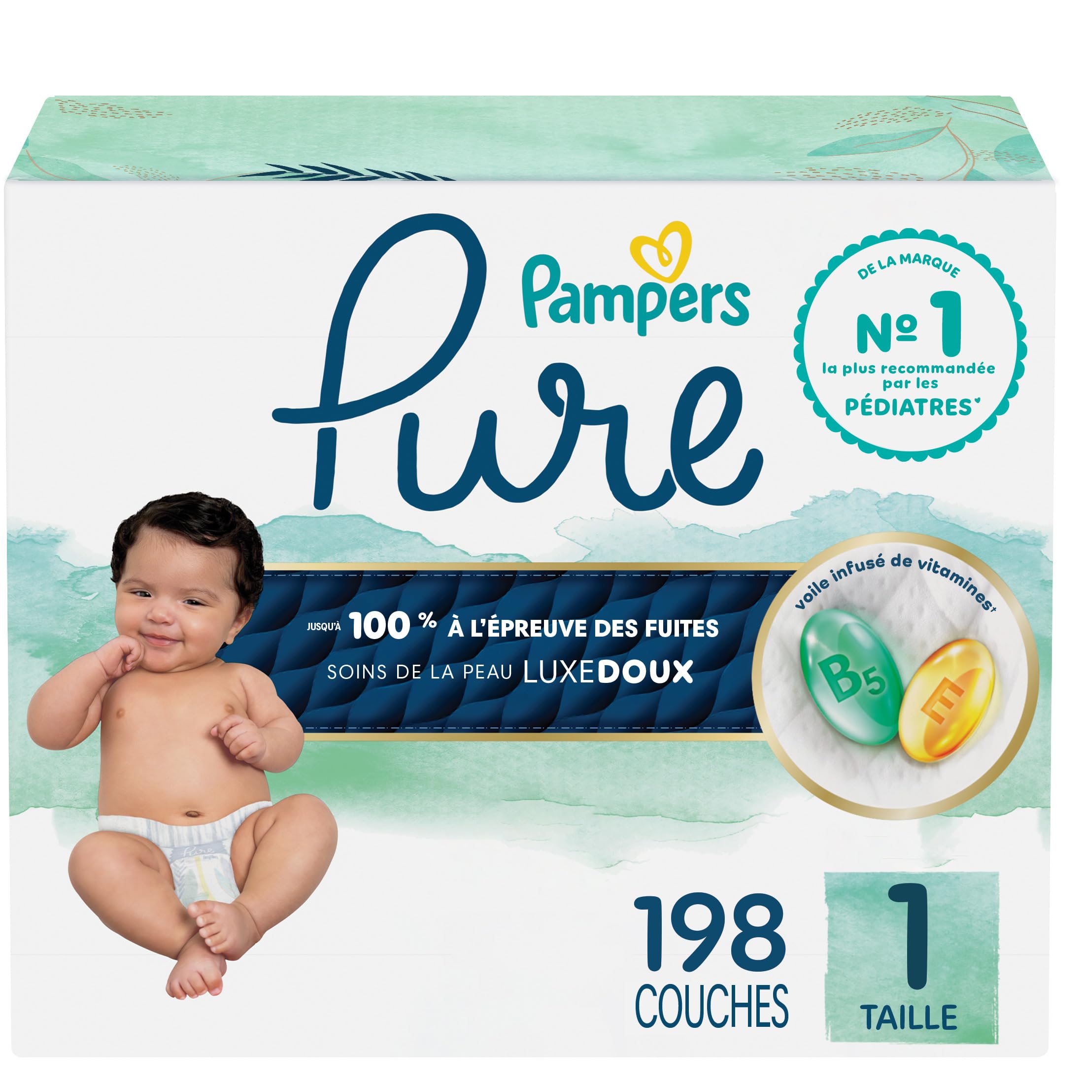 Pampers Pure Baby Diapers, Size 1 (8-14 lbs), 198, Up to 100% Leakproof, Premium Hypoallergenic Soft Diapers 🍁 All In One Marketplace Canada