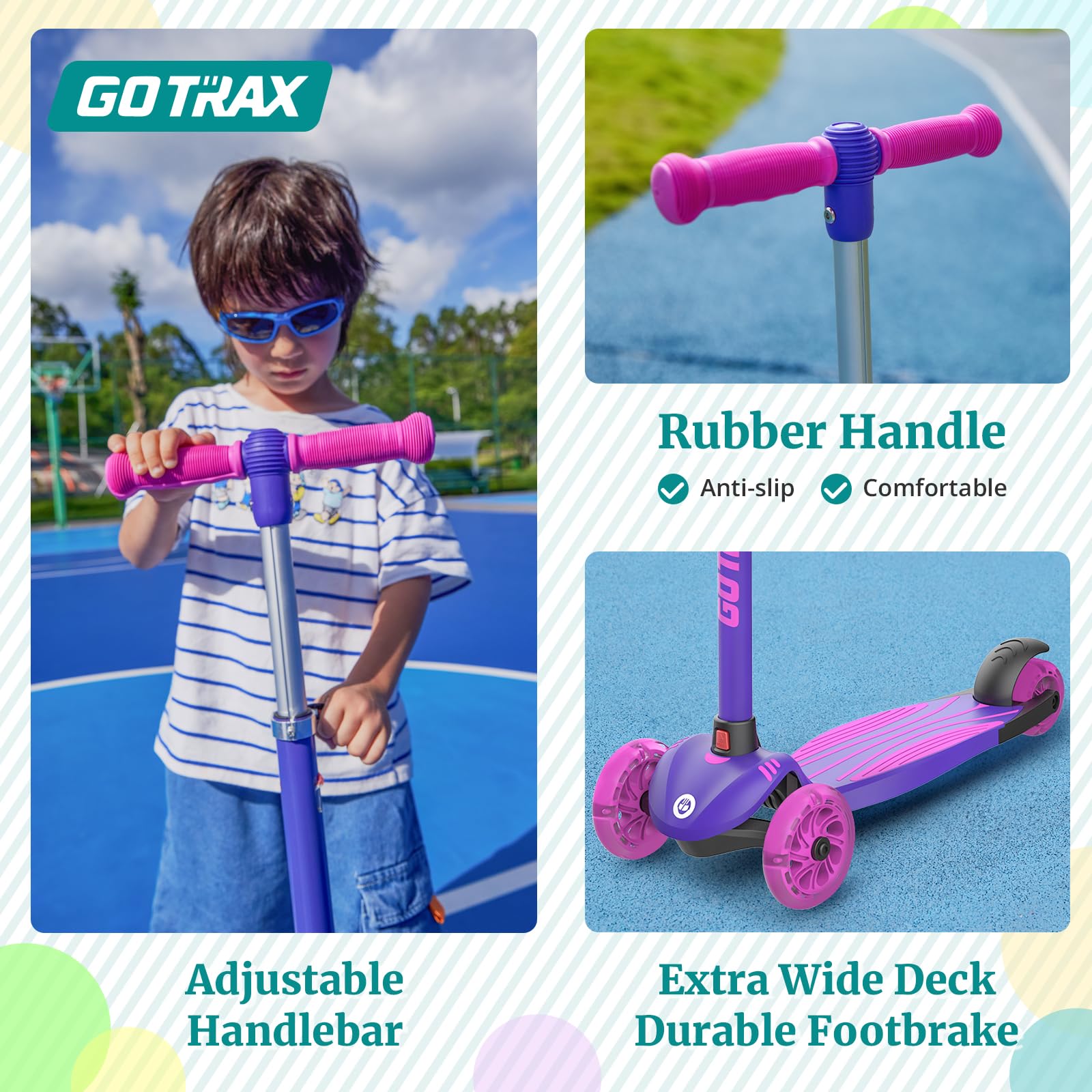 Gotrax KS1 Kids Kick Scooter, LED Lighted Wheels and 3 Adjustable Height Handlebars, Lean-to-Steer & Widen Anti-Slip Deck, 3 Wheel Scooter for Boys & Girls Ages 3+ and up to 100 Lbs (Purple) 🍁 All In One Marketplace Canada
