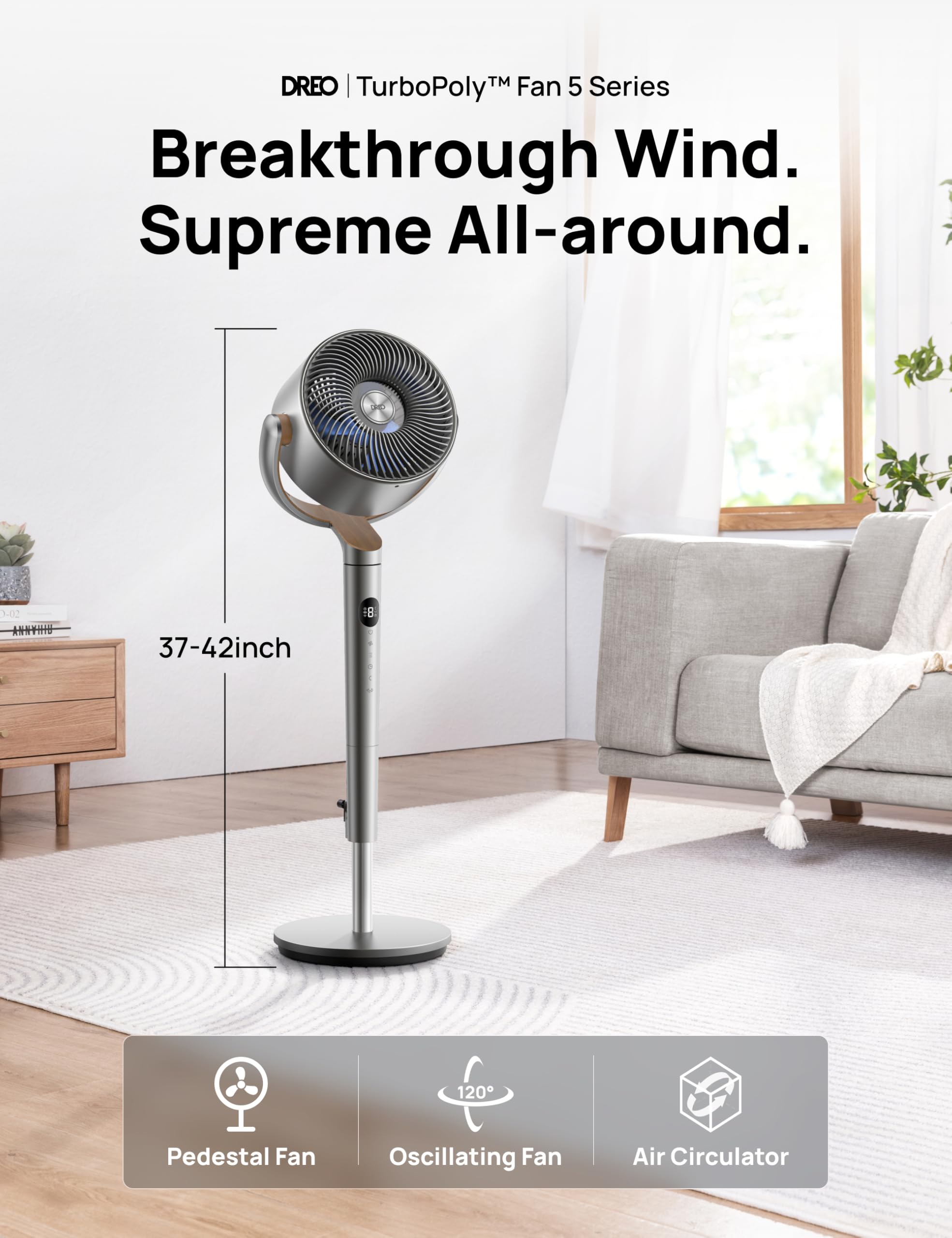 DREO Fan for Bedroom, 120°+120°Omni-directional Oscillating Fan, 90ft, DC Motor, 20 dB Quiet Standing Pedestal Fans, 8 Speeds, 3 Modes Circulator with Remote, 35-40