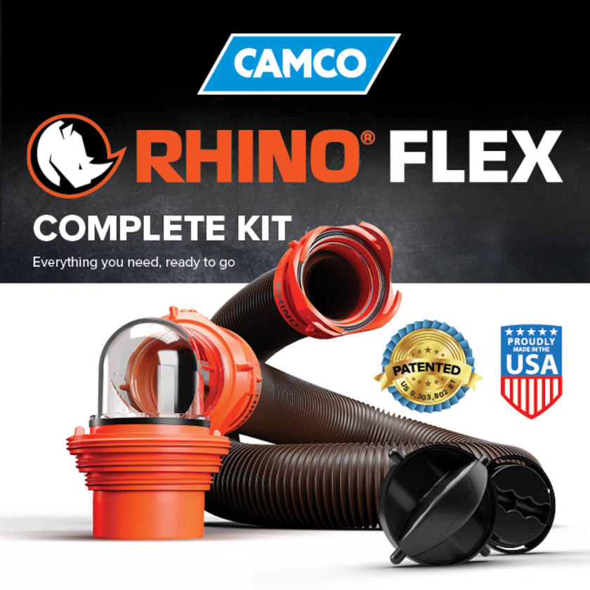 Camco RhinoFLEX 15' Camper/RV Sewer Hose Kit — Includes 4-in-1 Adapter, Clear Elbow, & Caps — Connects to 3″ Slip & 3″, 3 1/2″, 4″ NPT Threaded Sewer Connections (39770) 🍁 All In One Marketplace Canada