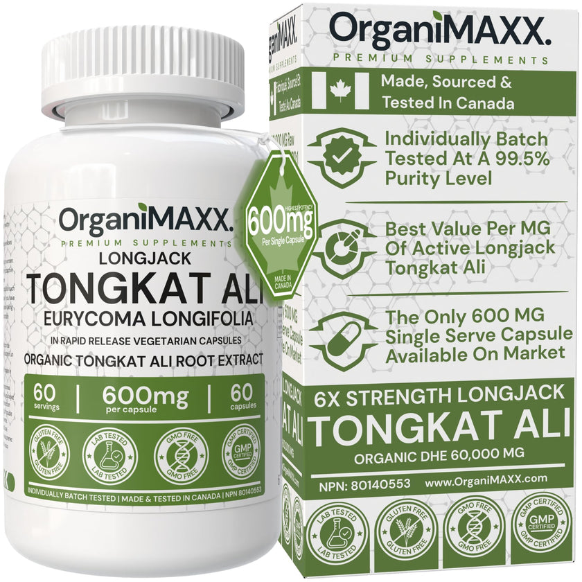 6X Strength Tongkat Ali 600 MG PER SINGLE CAPSULE 60,000 MG Equivalent 100:1 Extract Ratio Highest Potency, OrganiMAXX Longjack Eurycoma Longifolia Non-GMO Premium Tongkat Ali Supplement For Men. 🍁 All In One Marketplace Canada