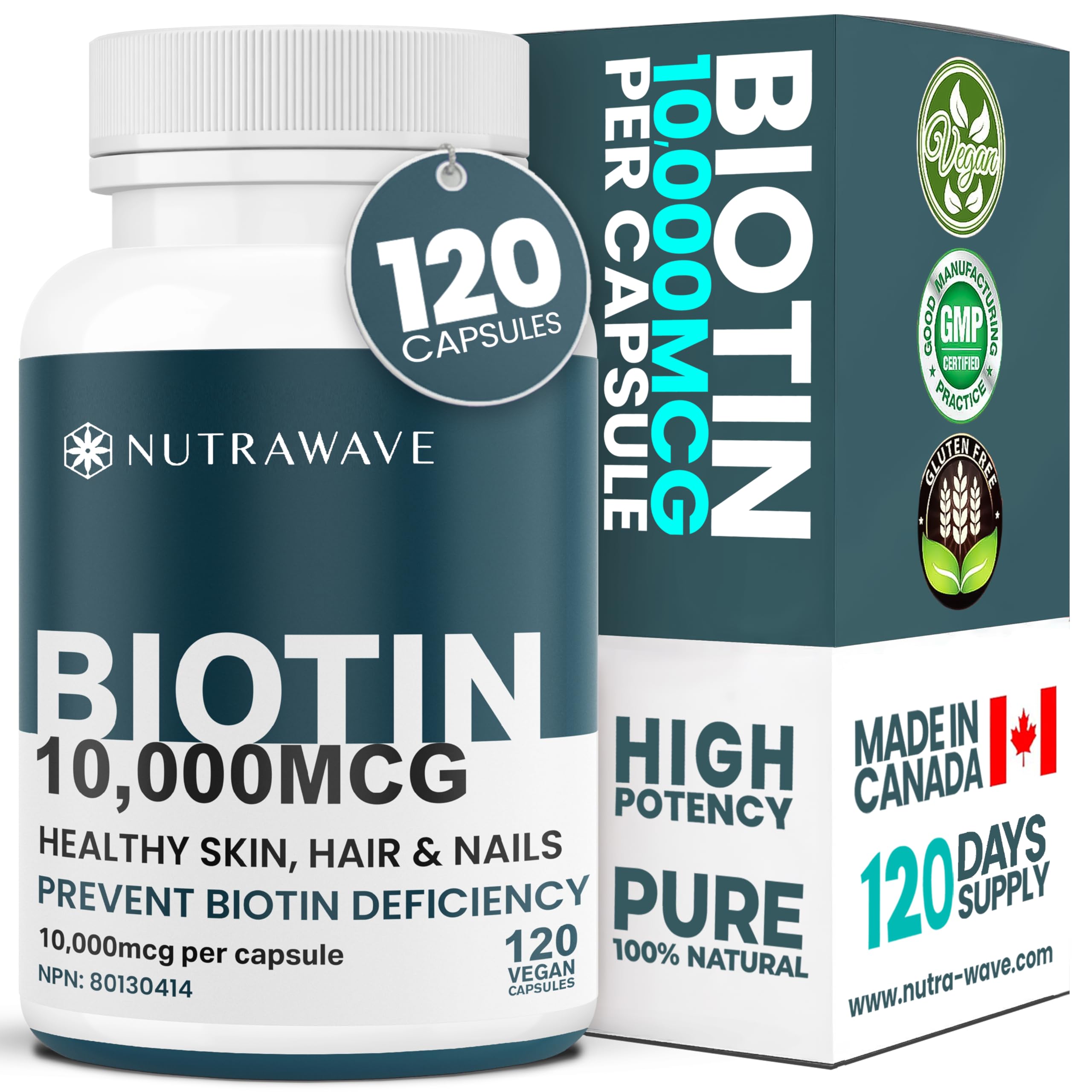 Nutrawave Extra Strength Biotin 10000mcg – Biotin for Hair Growth, Lush Hair, Glowing Skin & Strong Nails, Ideal for Women & Men, Non-GMO, Vegan, Gluten-Free. 120 Capsules 🍁 All In One Marketplace Canada