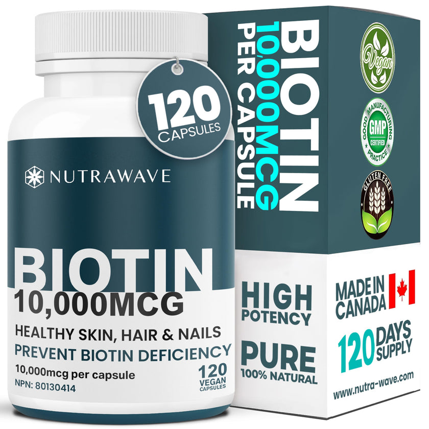 Nutrawave Extra Strength Biotin 10000mcg – Biotin for Hair Growth, Lush Hair, Glowing Skin & Strong Nails, Ideal for Women & Men, Non-GMO, Vegan, Gluten-Free. 120 Capsules 🍁 All In One Marketplace Canada