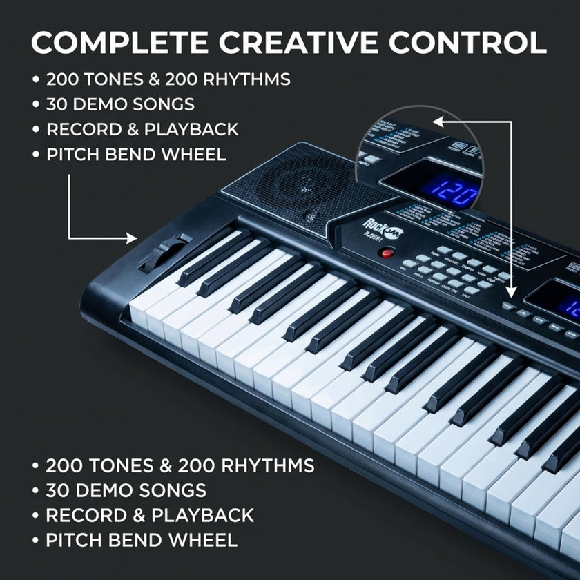 RockJam 61 Key Keyboard Piano With Pitch Bend Kit, Keyboard Stand, Piano Bench, Headphones, Simply Piano App & Keynote Stickers 🍁 All In One Marketplace Canada