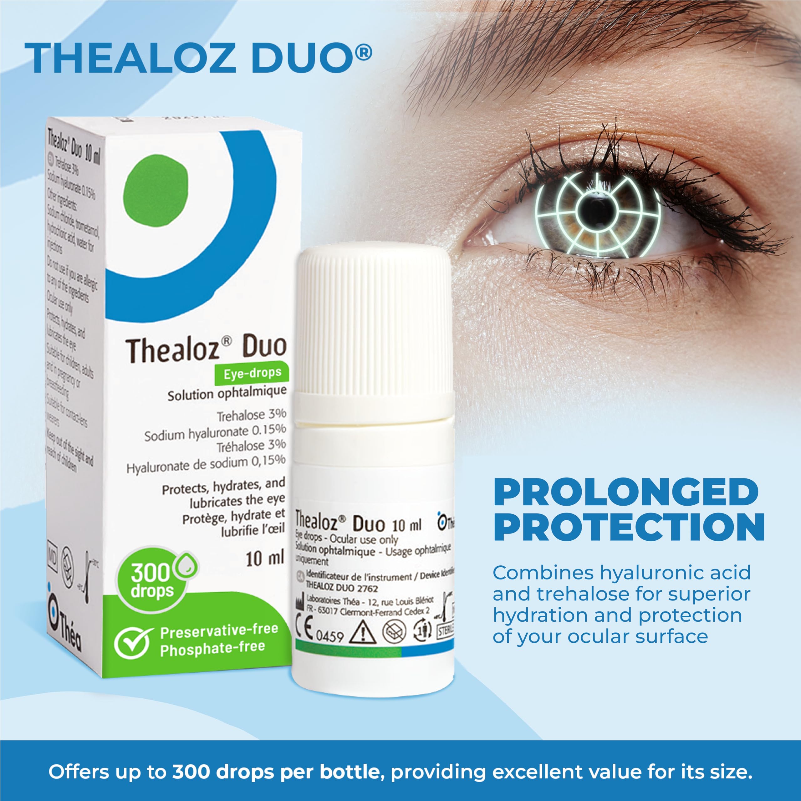 Thealoz Duo Eye Drops (2x10ml) - Clinically Proven Formula for Dry Eyes, Hydration with Hyaluronic Acid & Trehalose, Soothes & Lubricates, Tear Film Stabilization, Contact Lens Compatible (600 Drops) 🍁 All In One Marketplace Canada