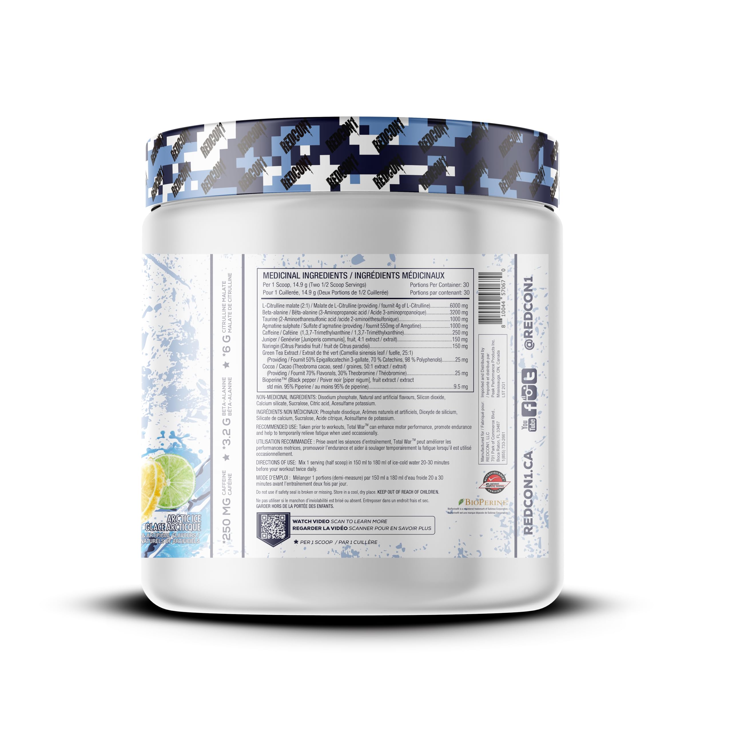 REDCON1 Total War Pre Workout Powder, Arctic Ice - Beta Alanine + Citrulline Malate Vegan & Keto Friendly Preworkout for Men & Women with 250mg of Caffeine - Fast Acting HMB (30 Servings) 🍁 All In One Marketplace Canada