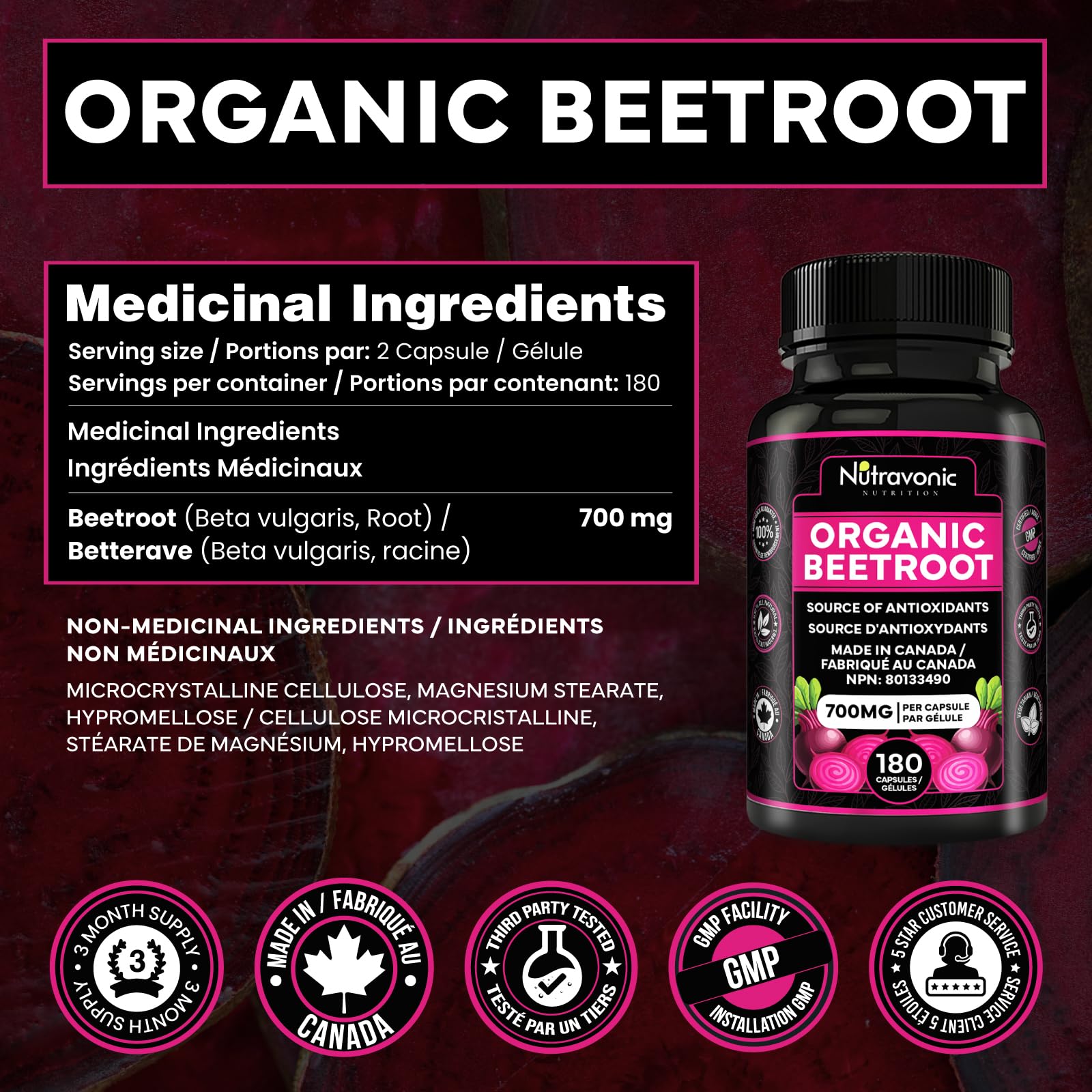 *BONUS SIZE* 180 Capsules of High Potency Organic Beetroot Capsules | 1,400mg per serving (700mg per capsule x2) Canadian Made Beet Root Powder | Antioxidant Support | Support Active Energy Lifestyle | A Natural Super Food | Quality Assured