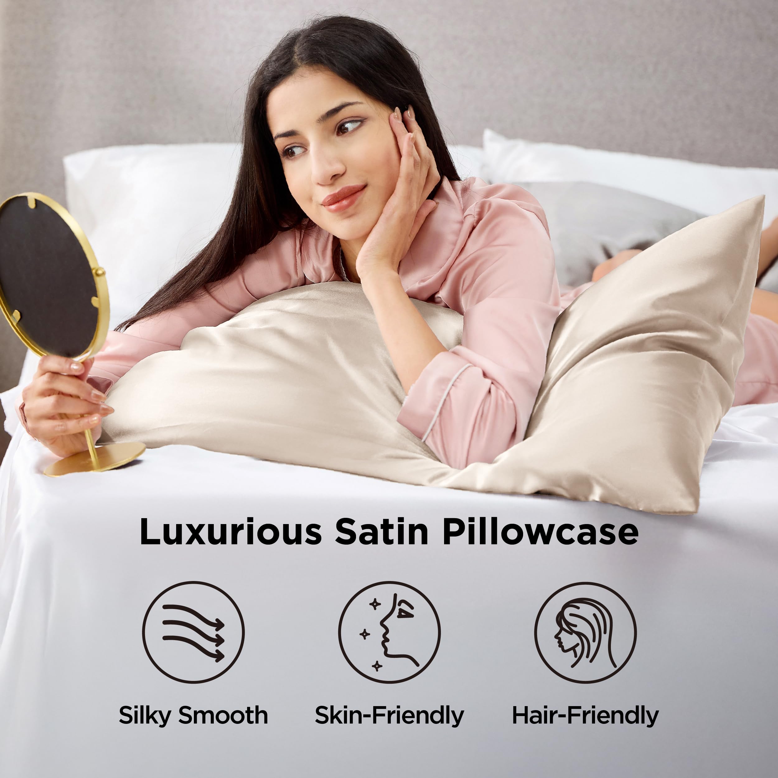 Bedsure Satin Pillow Cases Queen Size 2 Pack - Similar to Silk Pillow Cases, Silky Pillowcase Covers for Hair and Skin with Envelope Closure, Gifts for Women Men, Beige, 20x30 Inches 🍁 All In One Marketplace Canada