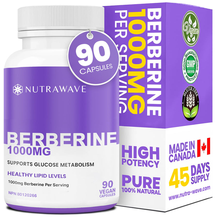 Nutrawave Pure Berberine Maximum Potency, 1000mg per Serving(Each Capsule 500mg), Supports Blood Sugar Levels, Healthy Lipid(Fat) & Glucose Metabolism, Non-GMO, Vegan, Gluten Free, 90 Capsules, 1 Pack 🍁 All In One Marketplace Canada