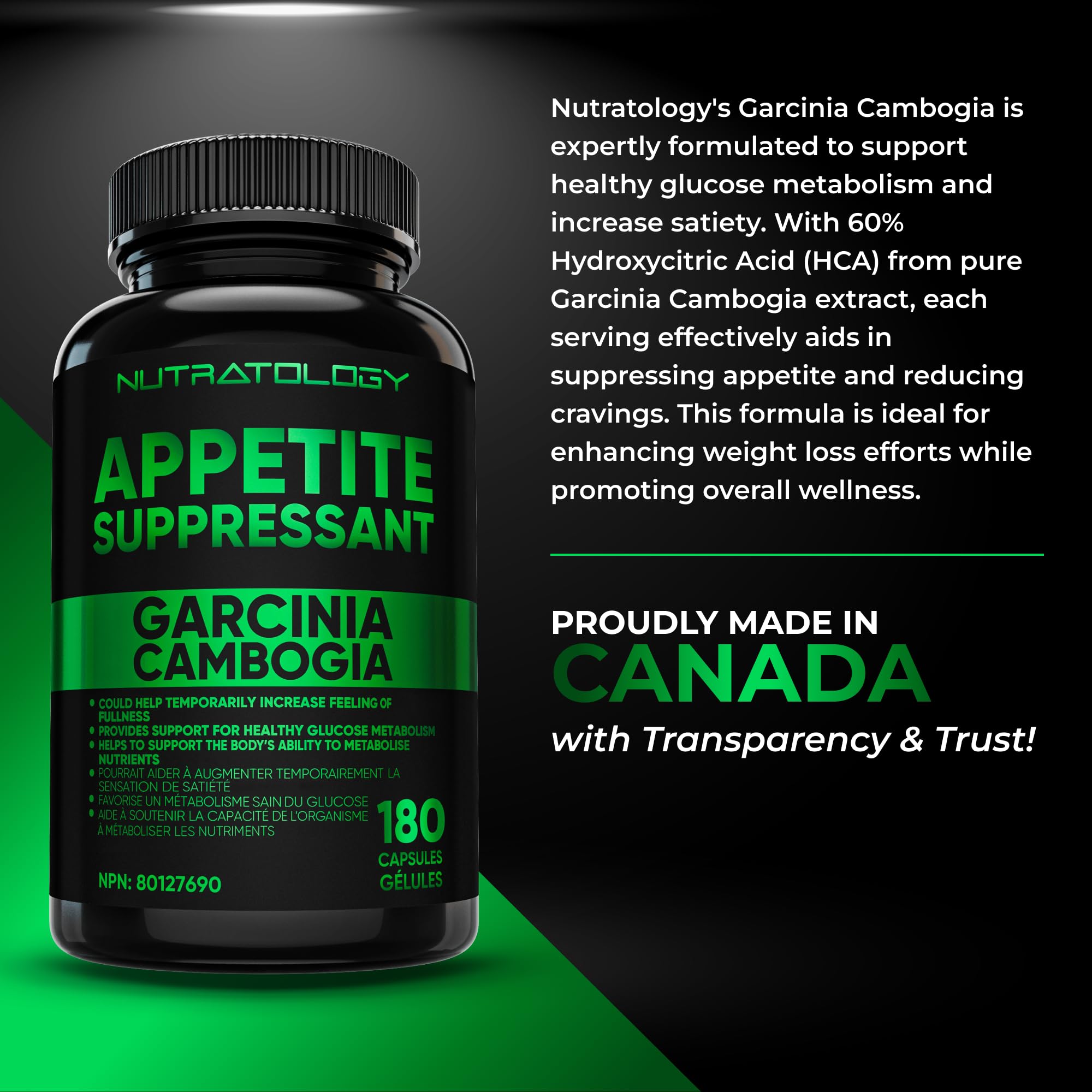 Nutratology® Garcinia Cambogia Appetite Suppressant Weight Loss For Women & Men | Canadian-Made | 500 MG Per Capsule | 60% HCA - Increase Feelings of Fullness & Maintain Blood Sugar Levels - 180 Count 🍁 All In One Marketplace Canada