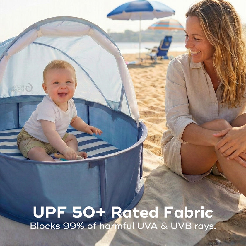 Babymoov Babyni Anti-UV Infant Pop-Up Tent, Portable Baby Beach Shelter with UPF 50+ Sun Protection, Ventilated Outdoor Canopy, Floor Mat, Sensory Details & Travel Bag, Marine 🍁 All In One Marketplace Canada