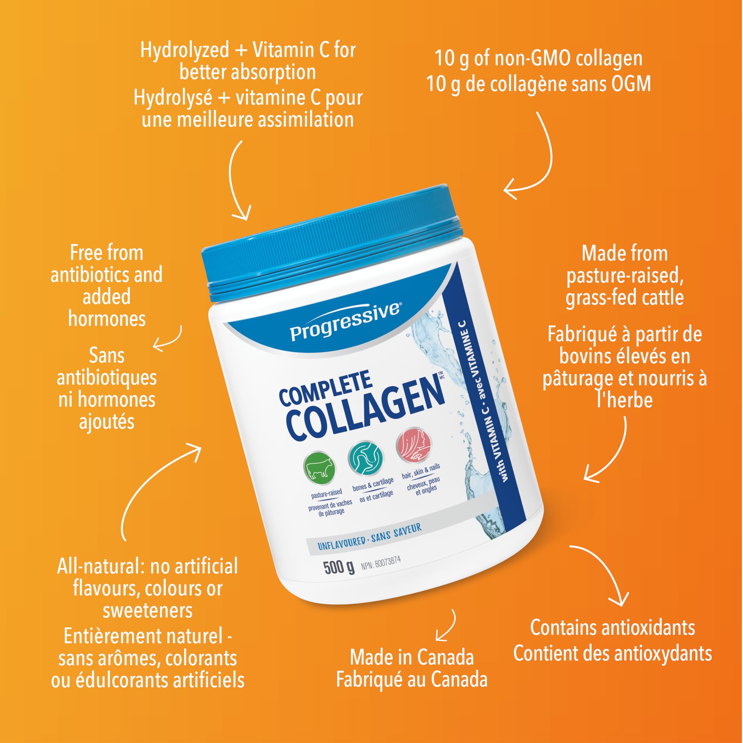 Progressive Complete Collagen Unflavoured, Canadian-Made, for Healthier Hair, Skin, Nails and Joints. Grass-Fed Non-GMO with Antioxidants, Hydrolyzed with Vitamin C for Best Absorption, 500 g 🍁 All In One Marketplace Canada