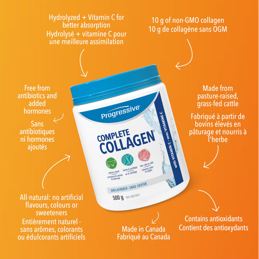 Progressive Complete Collagen Unflavoured, Canadian-Made, for Healthier Hair, Skin, Nails and Joints. Grass-Fed Non-GMO with Antioxidants, Hydrolyzed with Vitamin C for Best Absorption, 500 g 🍁 All In One Marketplace Canada