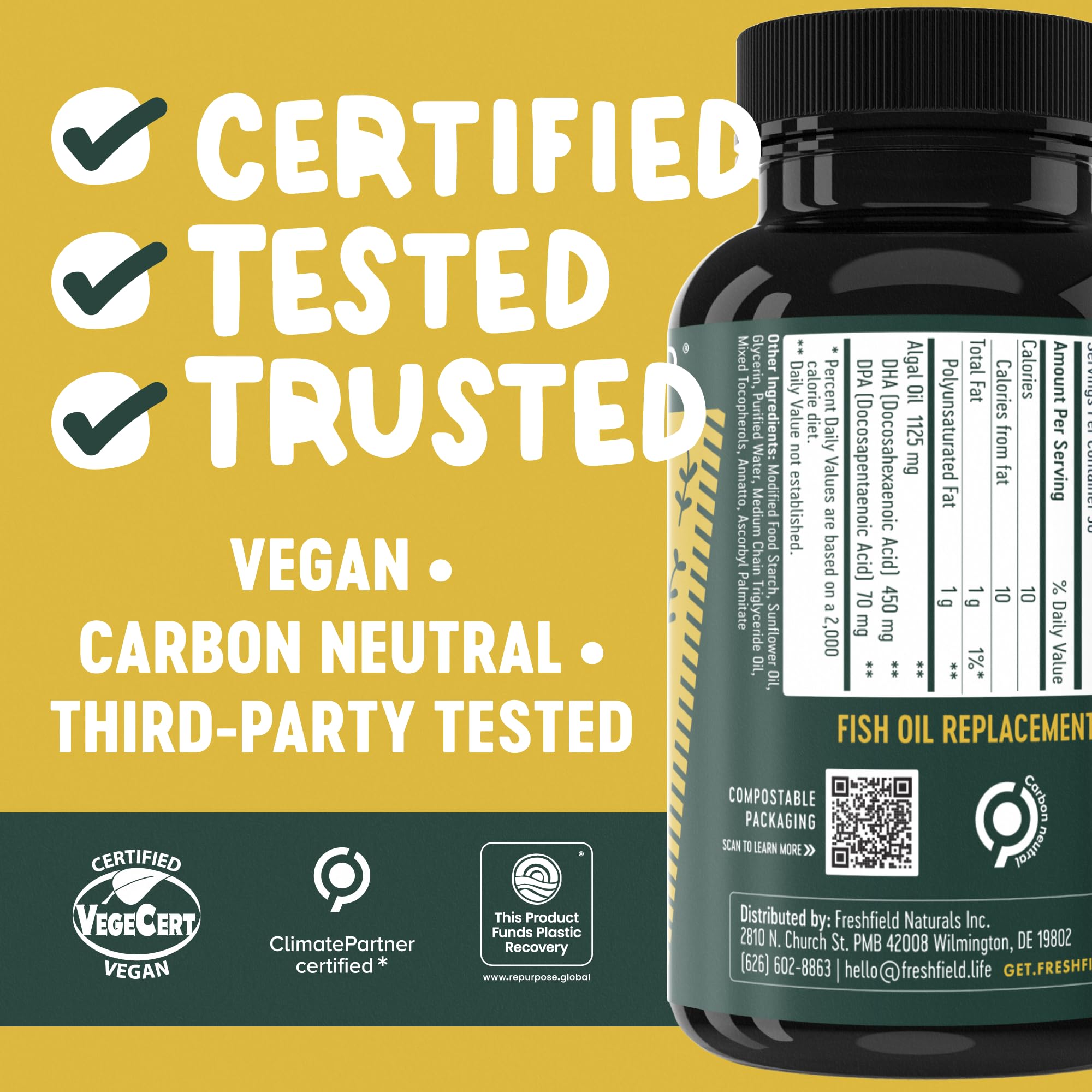 Freshfield Vegan Omega 3, Algae (Algal) Oil, Fish Oil Free Company, Third Party Tested, Carrageenan Free, DHA Supplement w/DPA, Plant Based Omega. Supports Heart, Brain, Joint Health 🍁 All In One Marketplace Canada