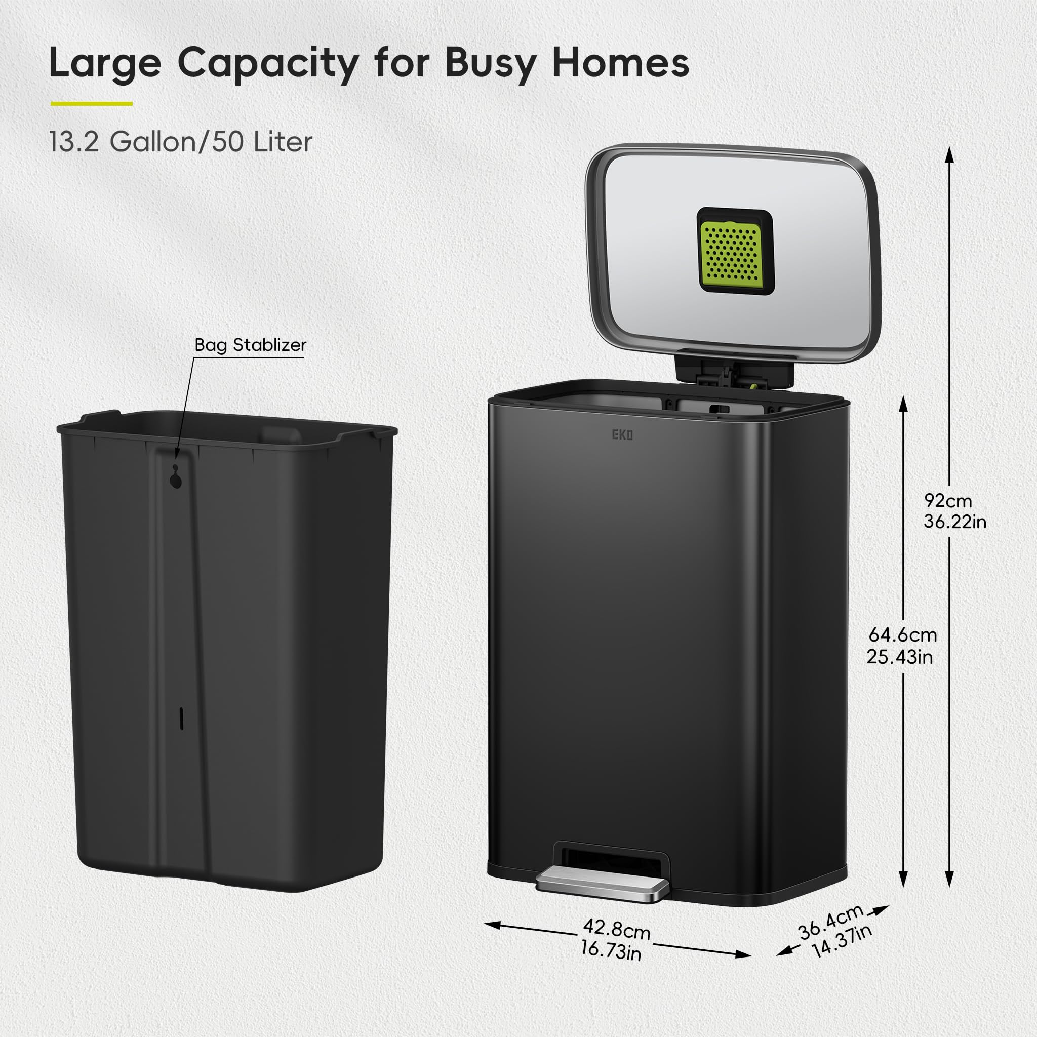 EKO Madison Matte Black 50 Liter/13.2 Gallon Step Trash Can with Inner Liner - Fingerprint Resistant Finish 🍁 All In One Marketplace Canada