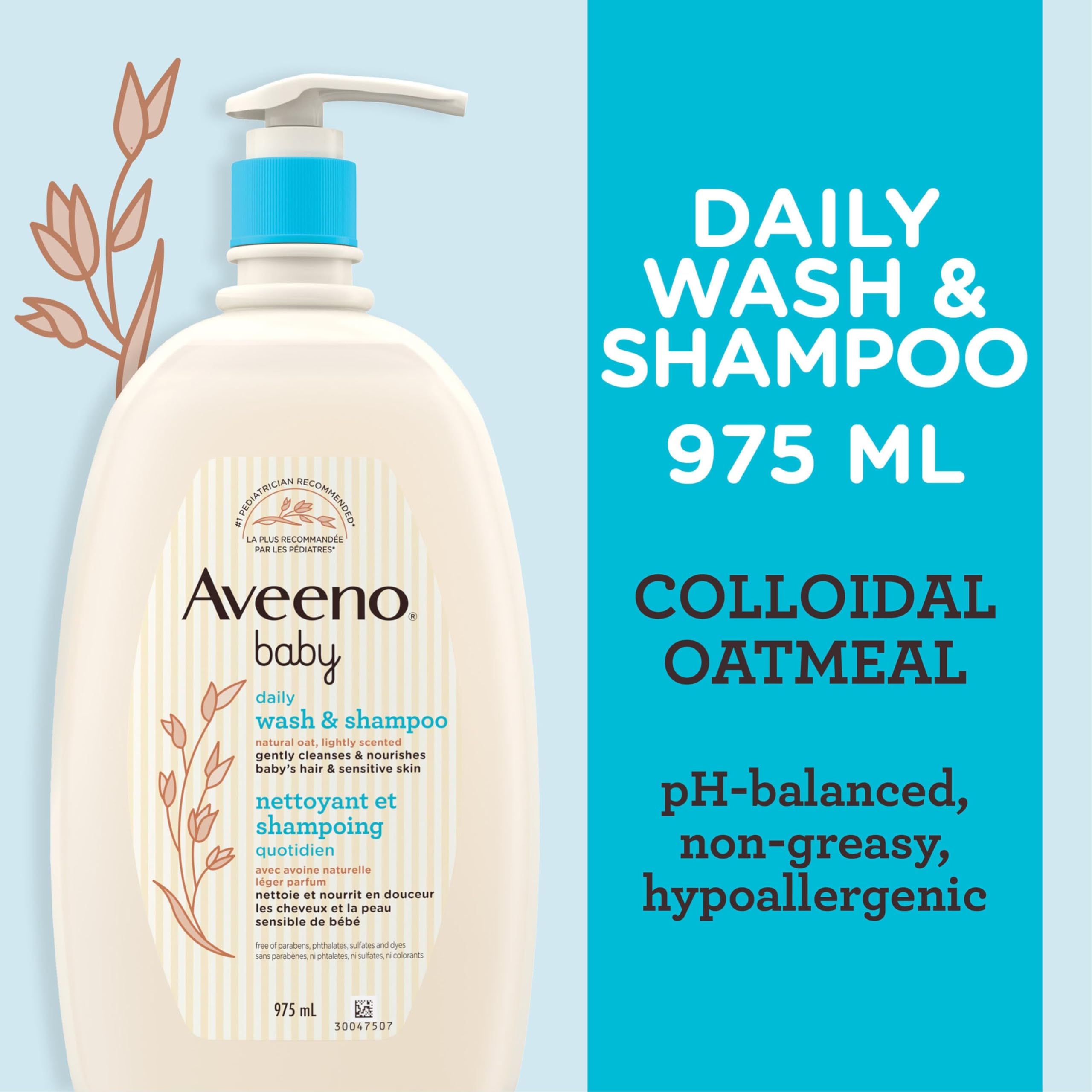 Aveeno Baby Wash and Shampoo - Gentle 2-in-1 Body Wash with Natural Oat Extract for Sensitive Skin - Tear-Free, Hypoallergenic Cleanser, Free from Parabens, Sulfates & Dyes - 975ml 🍁 All In One Marketplace Canada