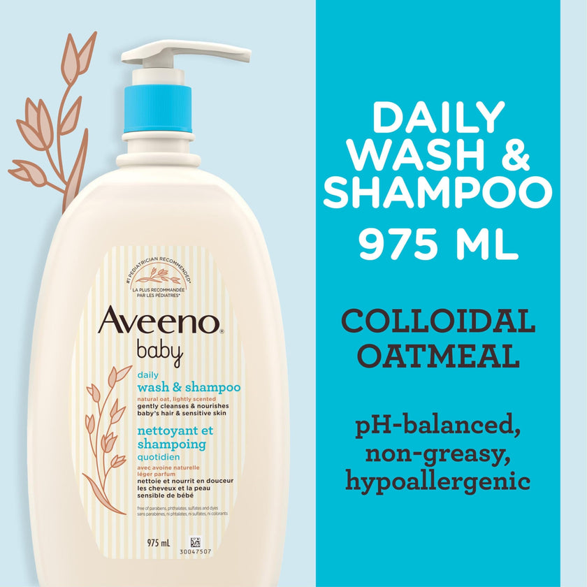 Aveeno Baby Wash and Shampoo - Gentle 2-in-1 Body Wash with Natural Oat Extract for Sensitive Skin - Tear-Free, Hypoallergenic Cleanser, Free from Parabens, Sulfates & Dyes - 975ml 🍁 All In One Marketplace Canada