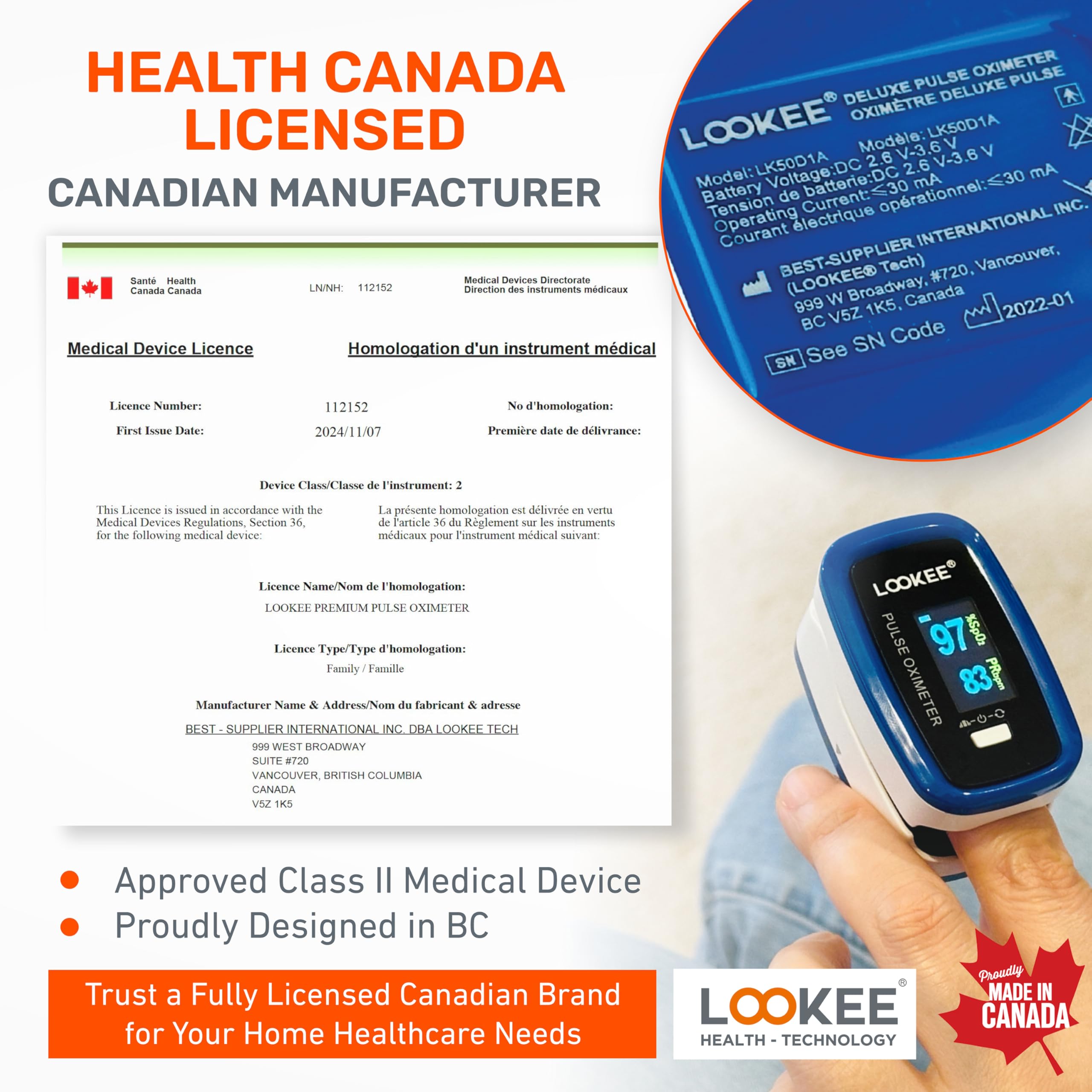 LOOKEE LK50D1 Deluxe Fingertip Pulse Oximeter | Proudly Canadian Finger SpO2 Blood Oxygen Monitor with Auto Rotate OLED Display, Plethysmograph & Pulse Graph | Blue 🍁 All In One Marketplace Canada