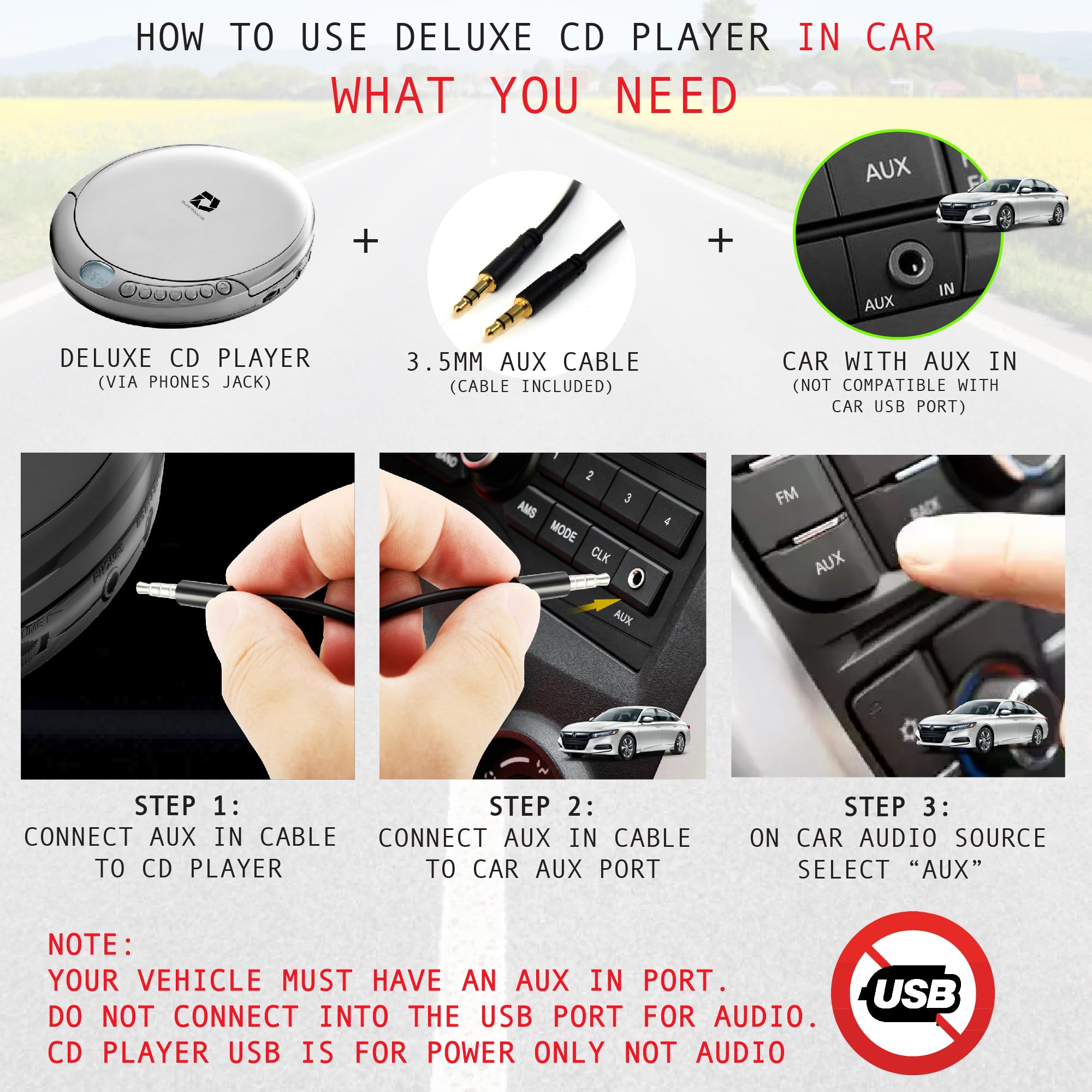 Deluxe Products CD Player Portable with 60 Second Anti Skip, Stereo Earbuds, Includes Aux in Cable and AC USB Power Cable for use at Home or in Car. Silver 🍁 All In One Marketplace Canada