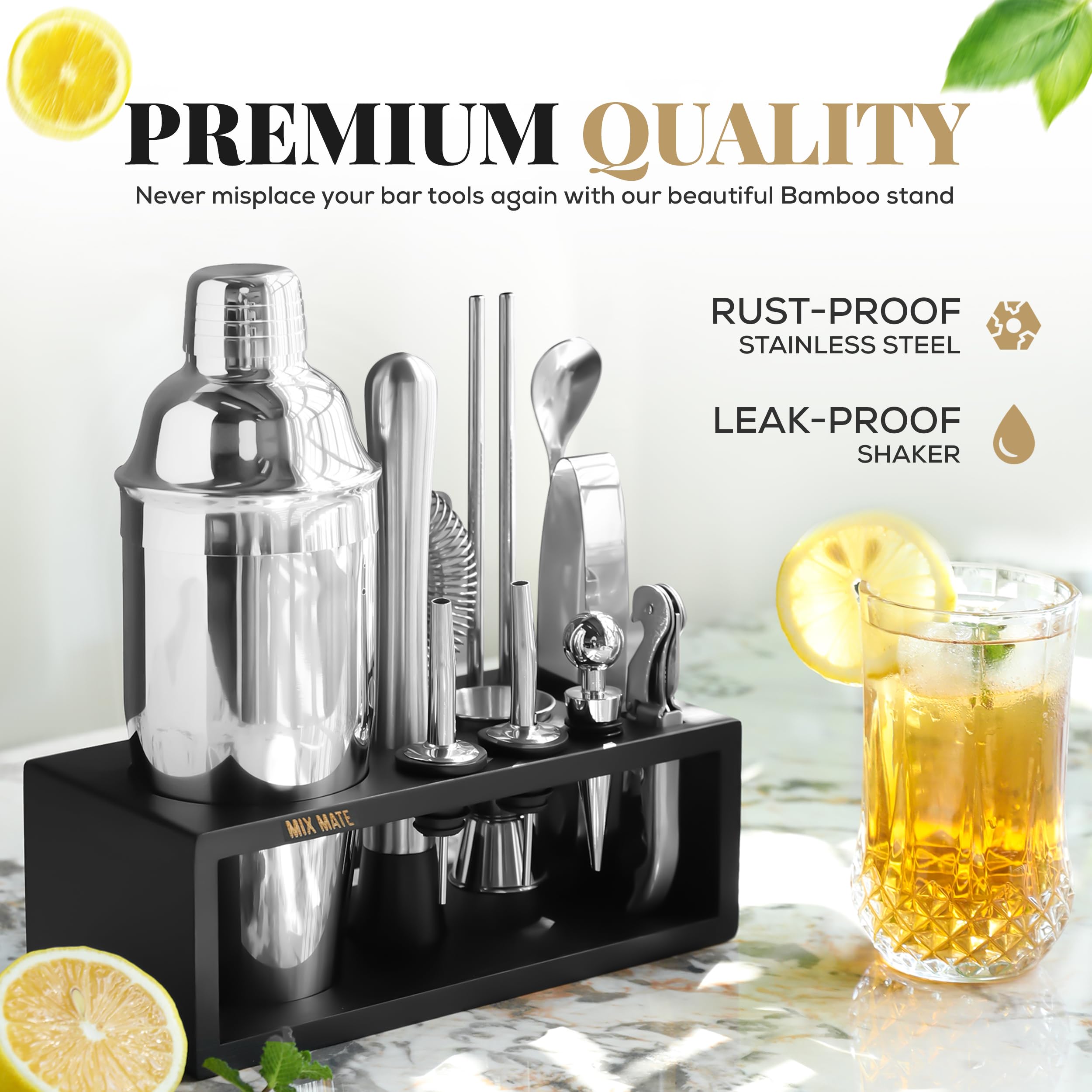 Mixology Bartender Kit with Stand | 15 Piece Bar Tool Set, Silver Bar Set Cocktail Shaker Set for Drink Mixing - Includes Martini Shaker, Jigger, Strainer, Bar Mixer Spoon, Tongs | Gift Idea (Silver) 🍁 All In One Marketplace Canada