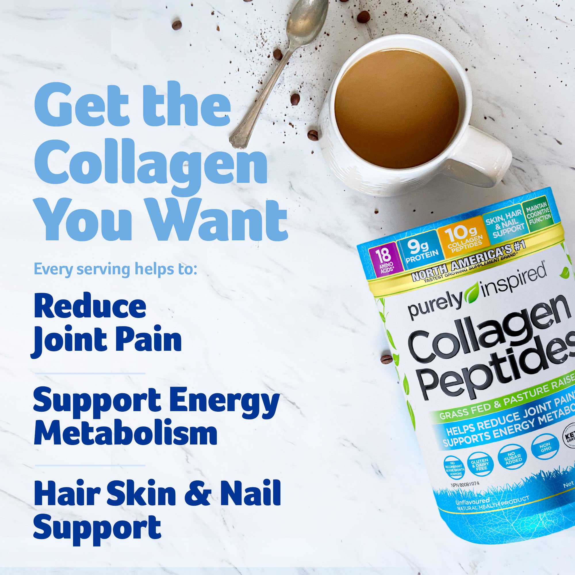 Purely Inspired Collagen Peptides Powder for Women & Men (Unflavoured) - Paleo & Keto-Friendly Supplement for Healthy Skin & Hair - Grass-Fed & Pasture Raised - 282g, 28 Servings (Pack of 1) 🍁 All In One Marketplace Canada