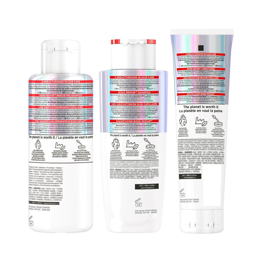 L'Oréal Paris Hair Expertise Bond Repair Shampoo and Conditioner Set with Hair Treatment, Citric Acid for Hair Breakage, 3x Pieces (Pre-Shampoo, Shampoo, Conditioner) 🍁 All In One Marketplace Canada