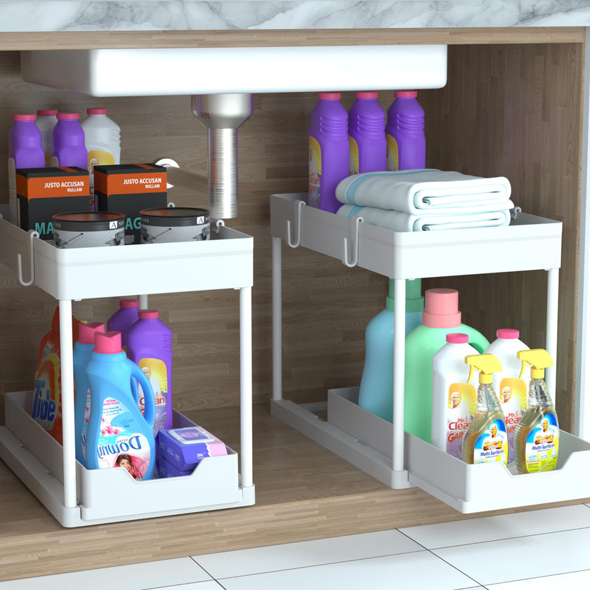 DEKAVA Under Sink Organizer 2 Pack, Bathroom Organizes, 2 Tier Sliding Cabinet Basket Organizer Drawer, Multi-Purpose Bath Collection Baskets for Bathroom (White) 🍁 All In One Marketplace Canada