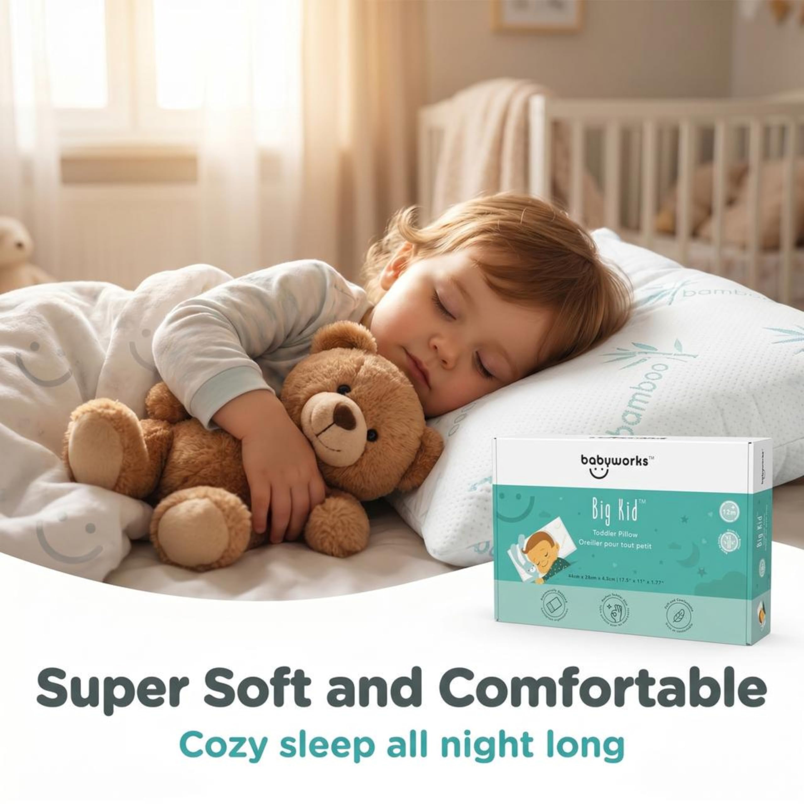 Baby Works Toddler Pillow - Soft, Supportive and Breathable Memory Foam with Hypoallergenic Bamboo Cover, Chiropractor Recommended, Washable and Removable Cover, Perfect for Cribs, Ages 12m+ 🍁 All In One Marketplace Canada