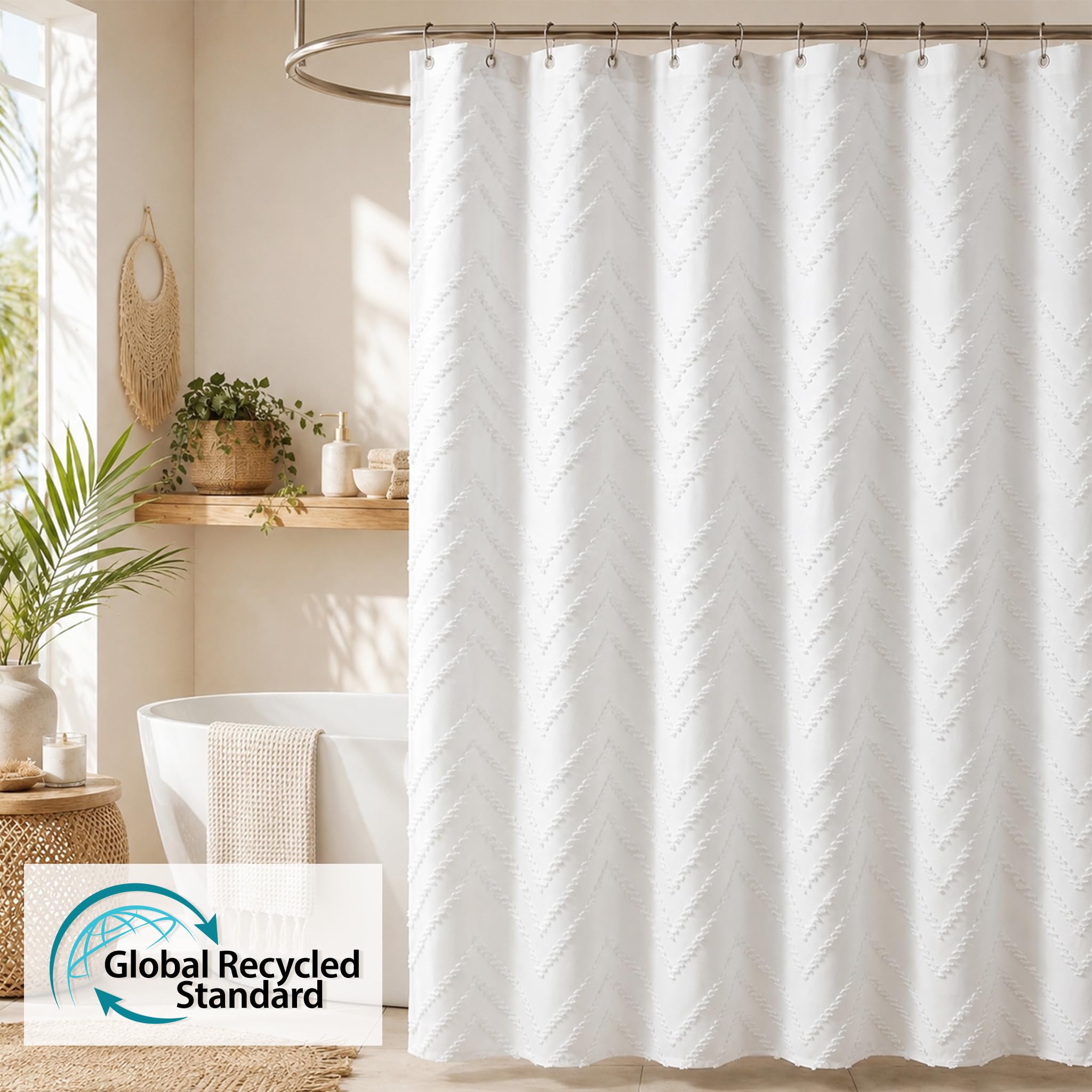 White Boho Fabric Shower Curtain 72 x 72 Inches, Modern Shabby Chic Textured Tufted Chevron Striped Minimalist Cloth Bathroom Shower Curtain 🍁 All In One Marketplace Canada