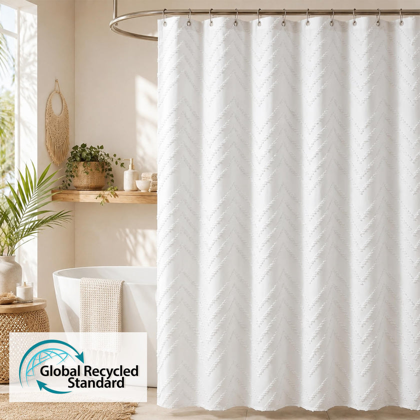 White Boho Fabric Shower Curtain 72 x 72 Inches, Modern Shabby Chic Textured Tufted Chevron Striped Minimalist Cloth Bathroom Shower Curtain 🍁 All In One Marketplace Canada