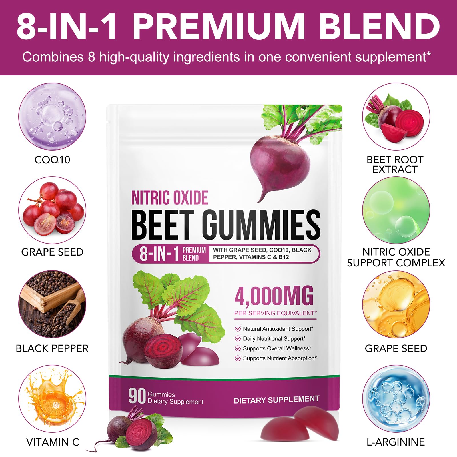Beetroot Gummies, 90 Count - Non-GMO Beet Root Supplement for Healthy Circulation & Energy - Natural Vegan Fruit Flavor 🍁 All In One Marketplace Canada