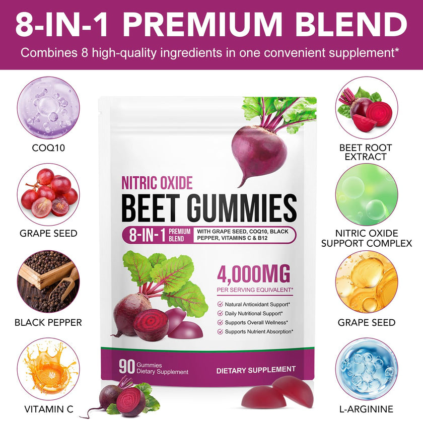 Beetroot Gummies, 90 Count - Non-GMO Beet Root Supplement for Healthy Circulation & Energy - Natural Vegan Fruit Flavor 🍁 All In One Marketplace Canada