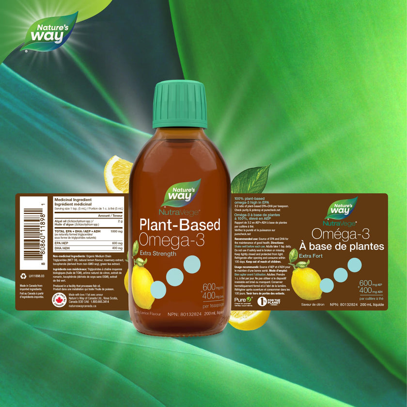 Nature's Way NutraVege Plant-based Omega 3 Supplement, Extra Strength Formula, Vegetarian, EPA + DHA from Algal Oil, Vegan, Lemon Flavour, 200 mL Liquid 🍁 All In One Marketplace Canada