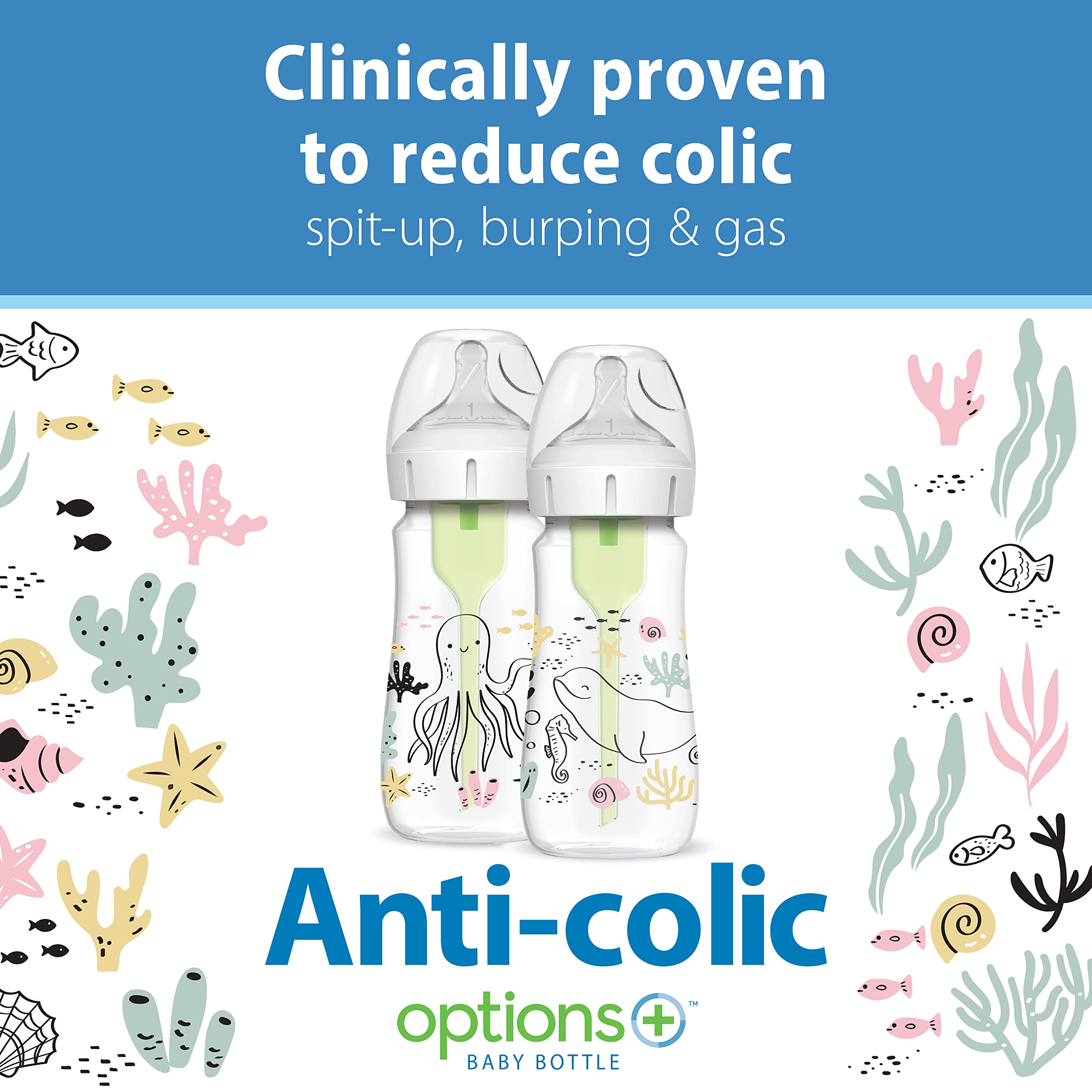 Dr. Brown’s Natural Flow Anti-Colic Options+ Wide-Neck Baby Bottle Designer Edition Bottles, Ocean Decos, 9 oz/270 mL, Level 1 Nipple, 2-Pack, 0m+ 🍁 All In One Marketplace Canada