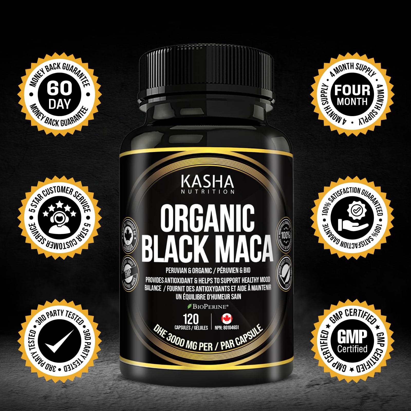 Organic Black Maca for Men & Women DHE 3000mg (Industry Strongest) with 5mg Bioperine per Capsule - Organic Gelatinized Maca for all Genders | 750 mg 4:1 Extract Maca Root / Maca Powder | Proudly Canadian | 4 Month Supply, Non-GMO, Vegan, Gluten Free, Soy